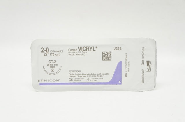 Ethicon J333 2-0 Coated VICRYL Polyglactin 910 Stre CT-2 26mm 1/2c Taper, 27inch