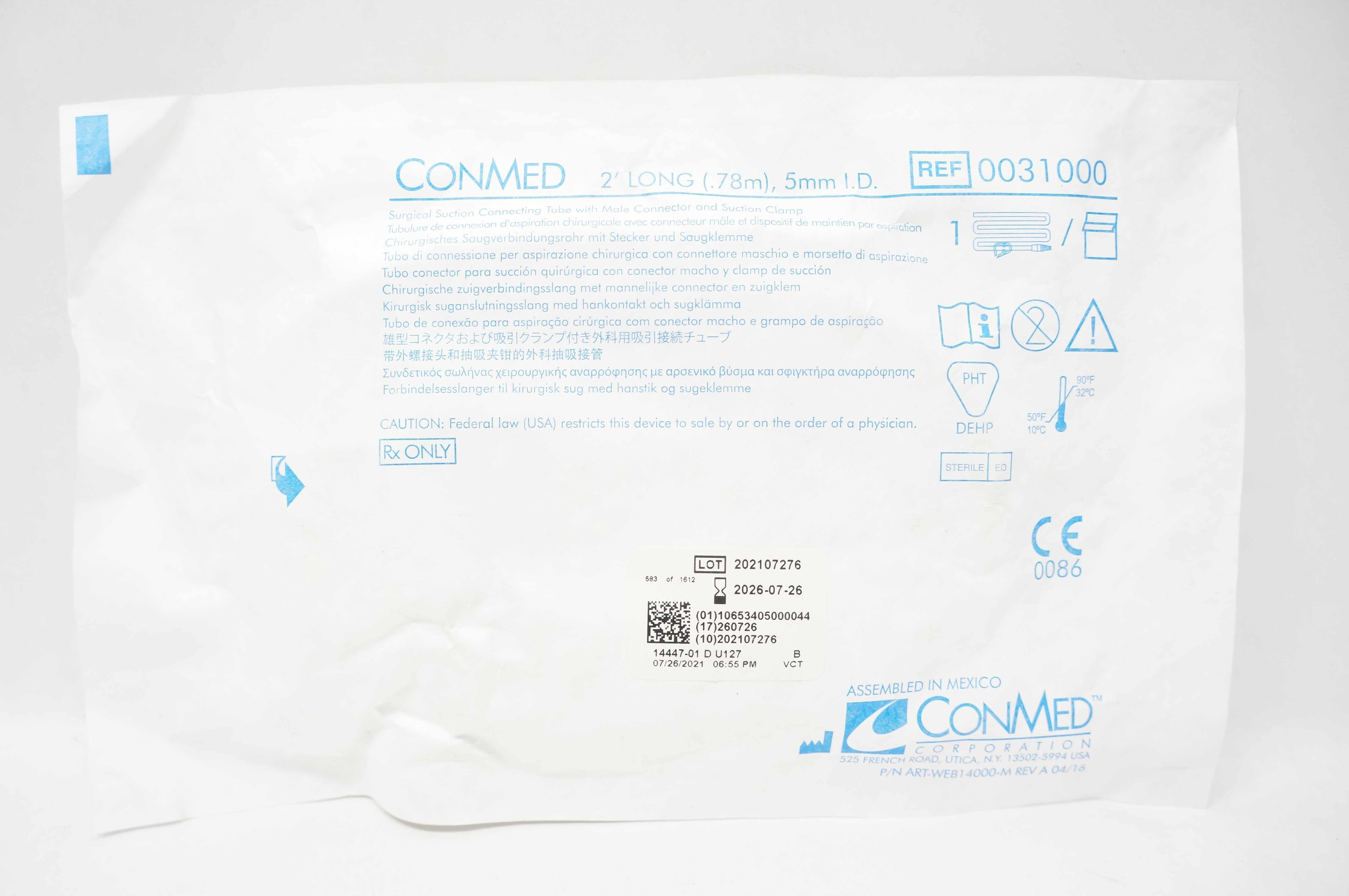 ConMed 0031000 Surgical Suction Connecting Tube 2 Ft. x 5mm