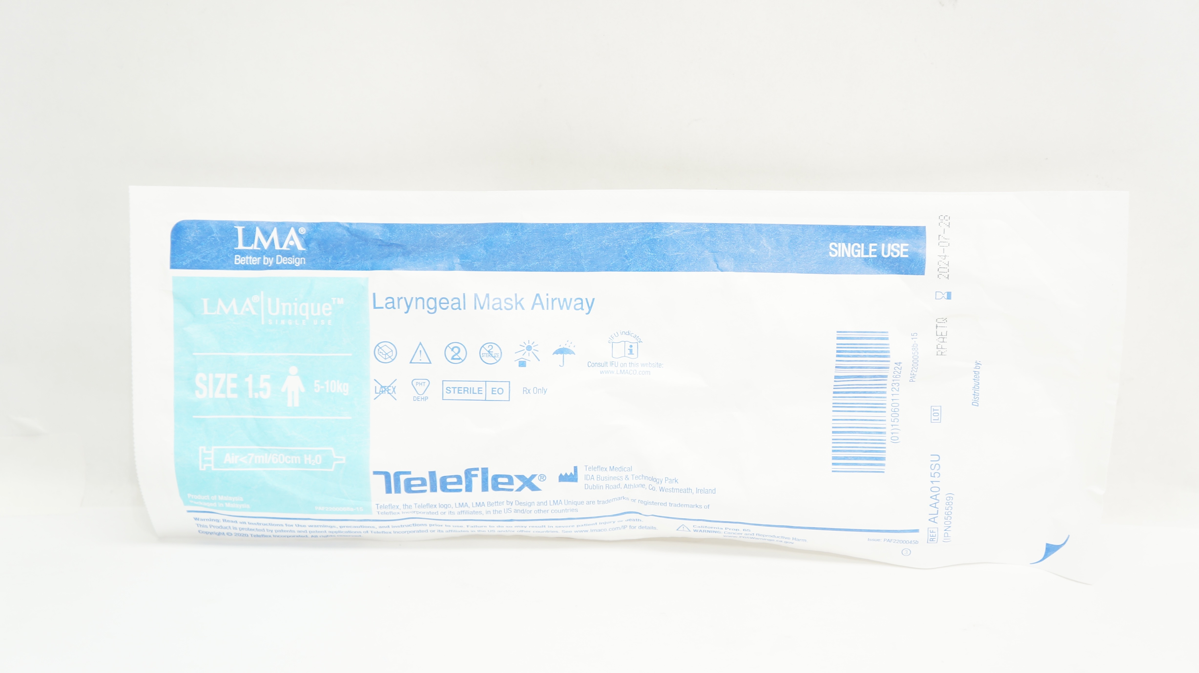 Teleflex ALAA015SU LMA Laryngeal Mask Airway Size 1.5 5-10kg Air <7ml/60cm H2O