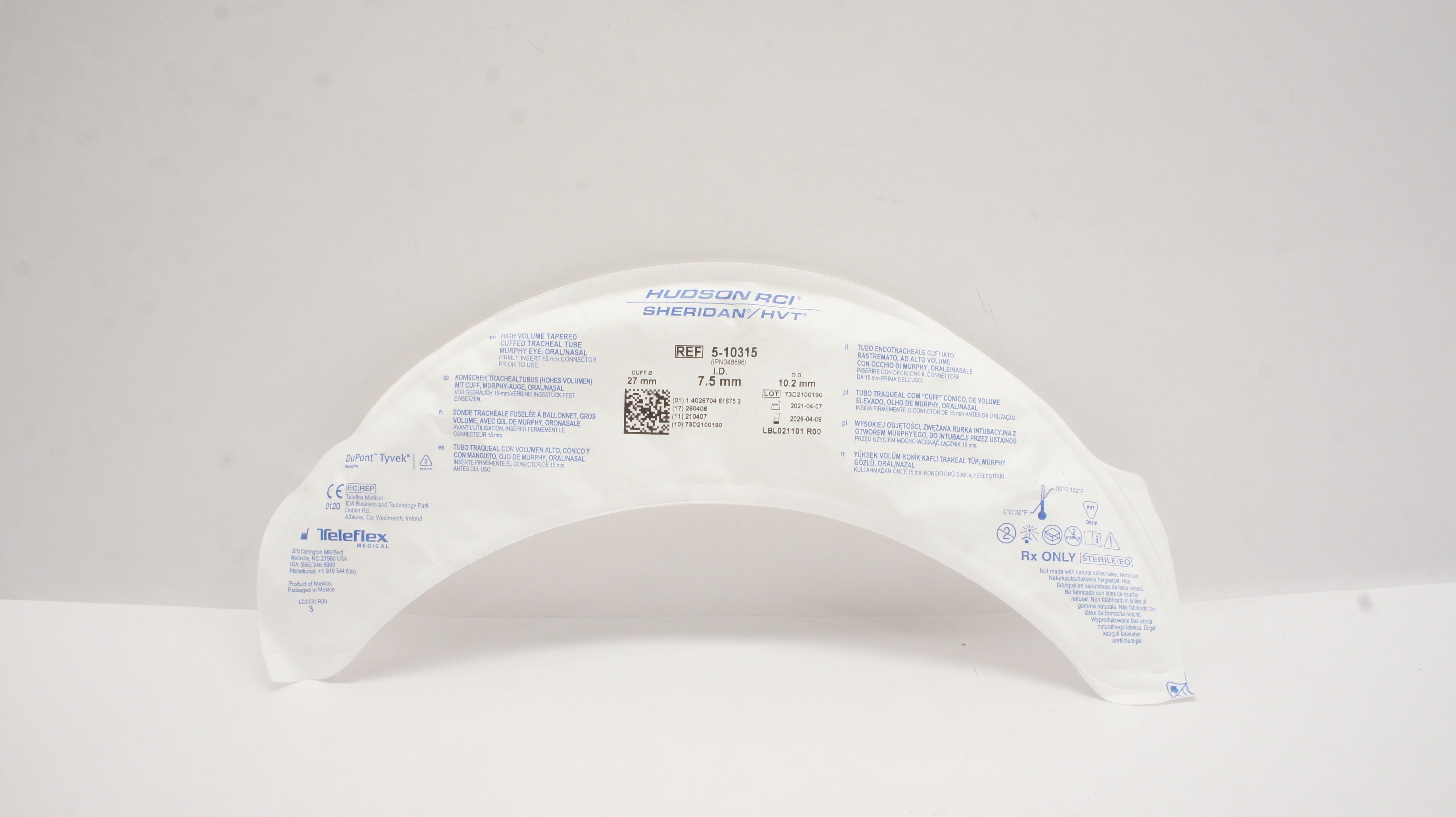 Teleflex 5-10315 Hudson RCI Sheridan HVT Cuffed Tracheal Tube 7.5 x 10.2 x 27mm