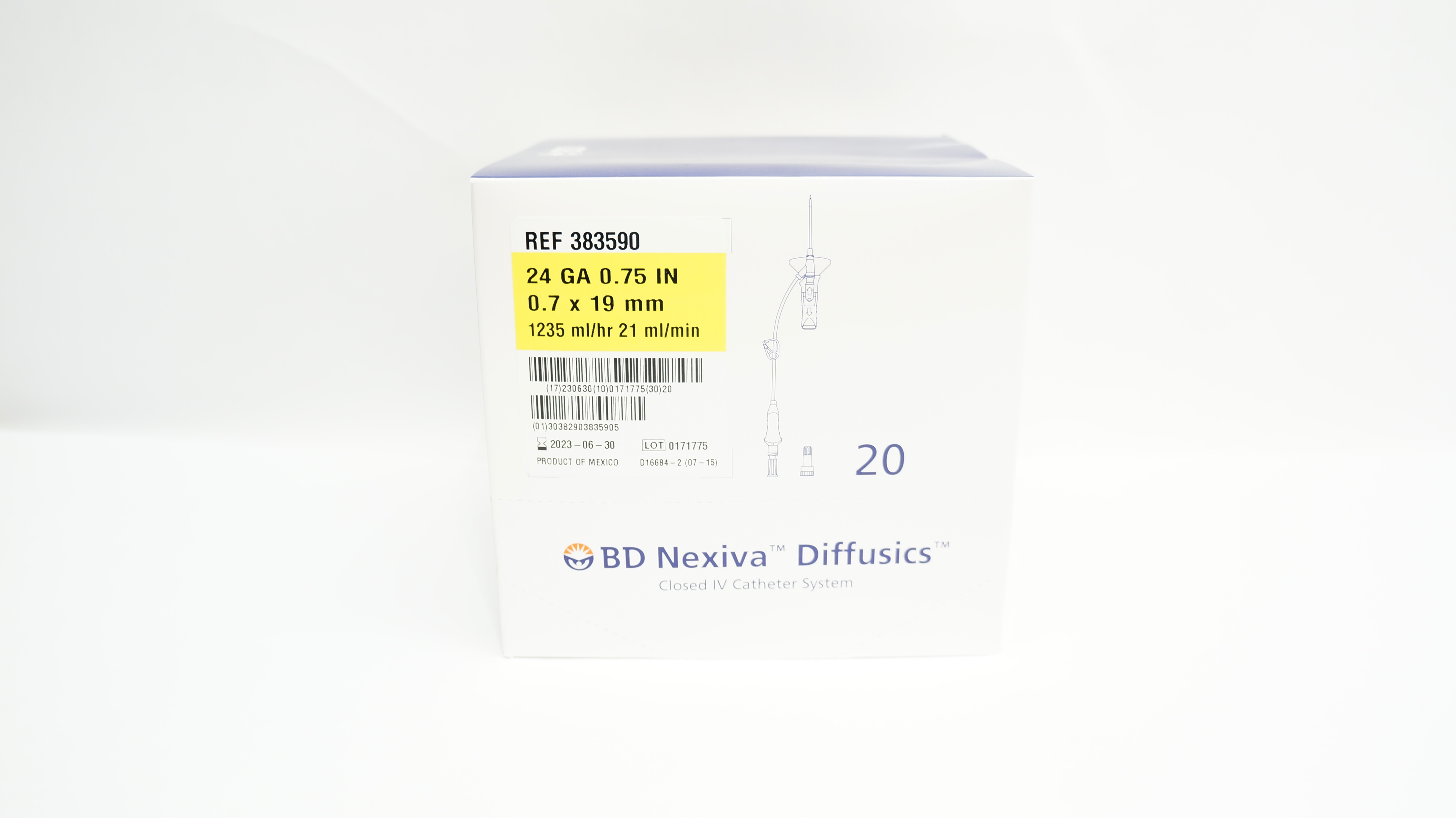 BD 383590 Nexiva Diffusics Closed IV Cath. System 24GA x 0.75inch - Box of 20