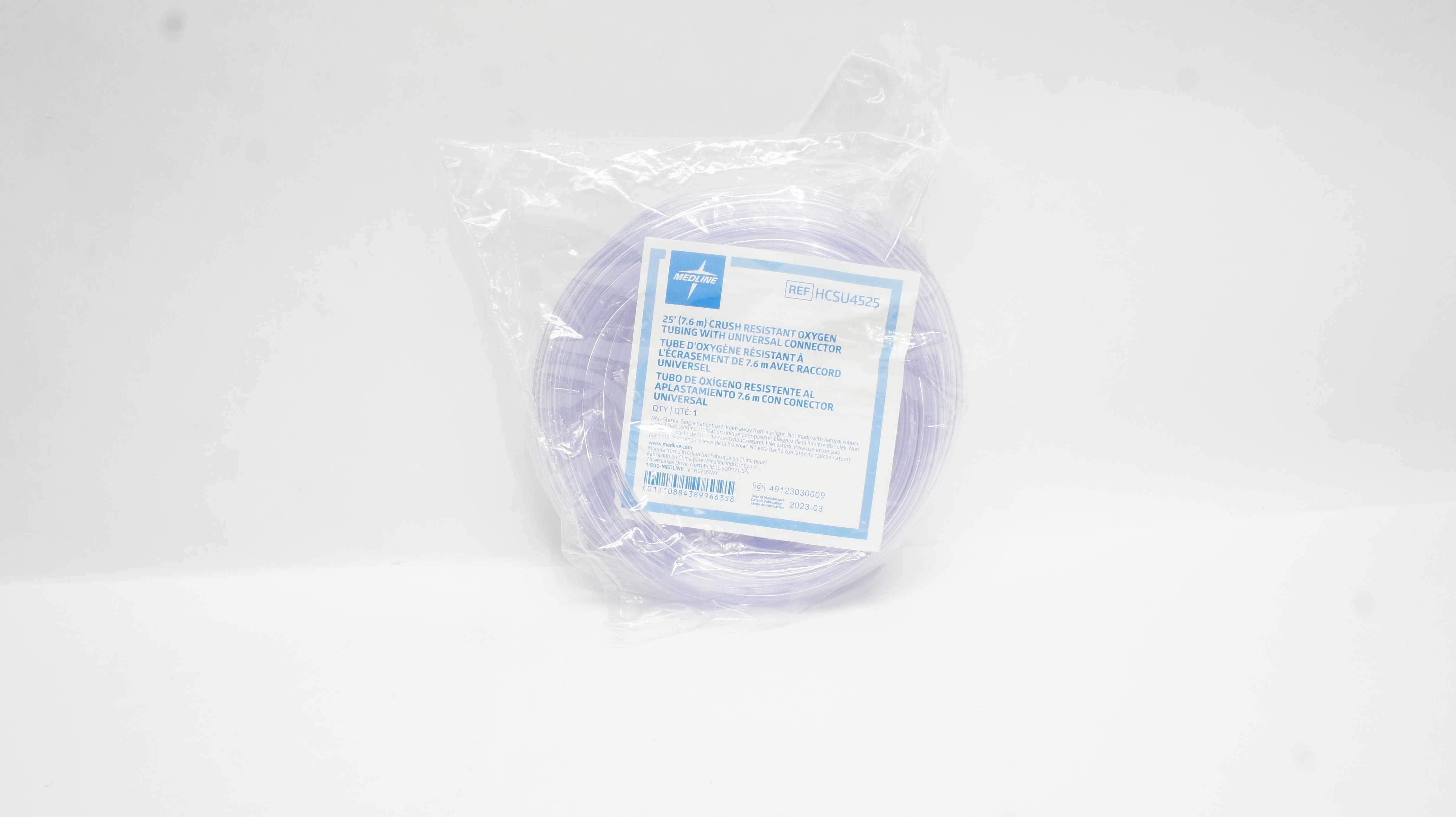 Medline HCSU4525 7.6 m Crush Resistant Oxygen Tubing w/ Universal Connector