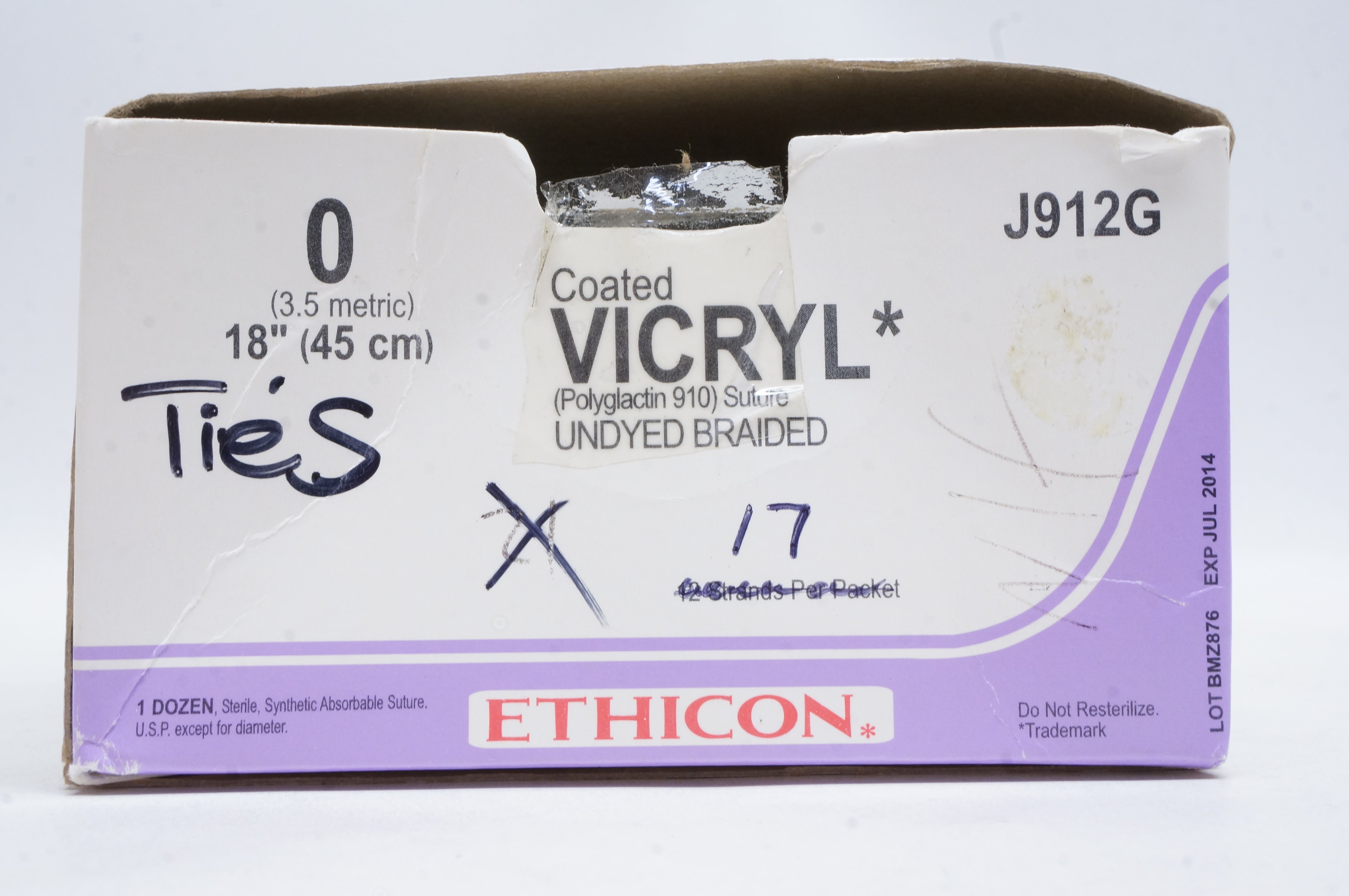 Ethicon J912G 0 VICRYL, Undyed Braided, 18inch (x) - Box of 11