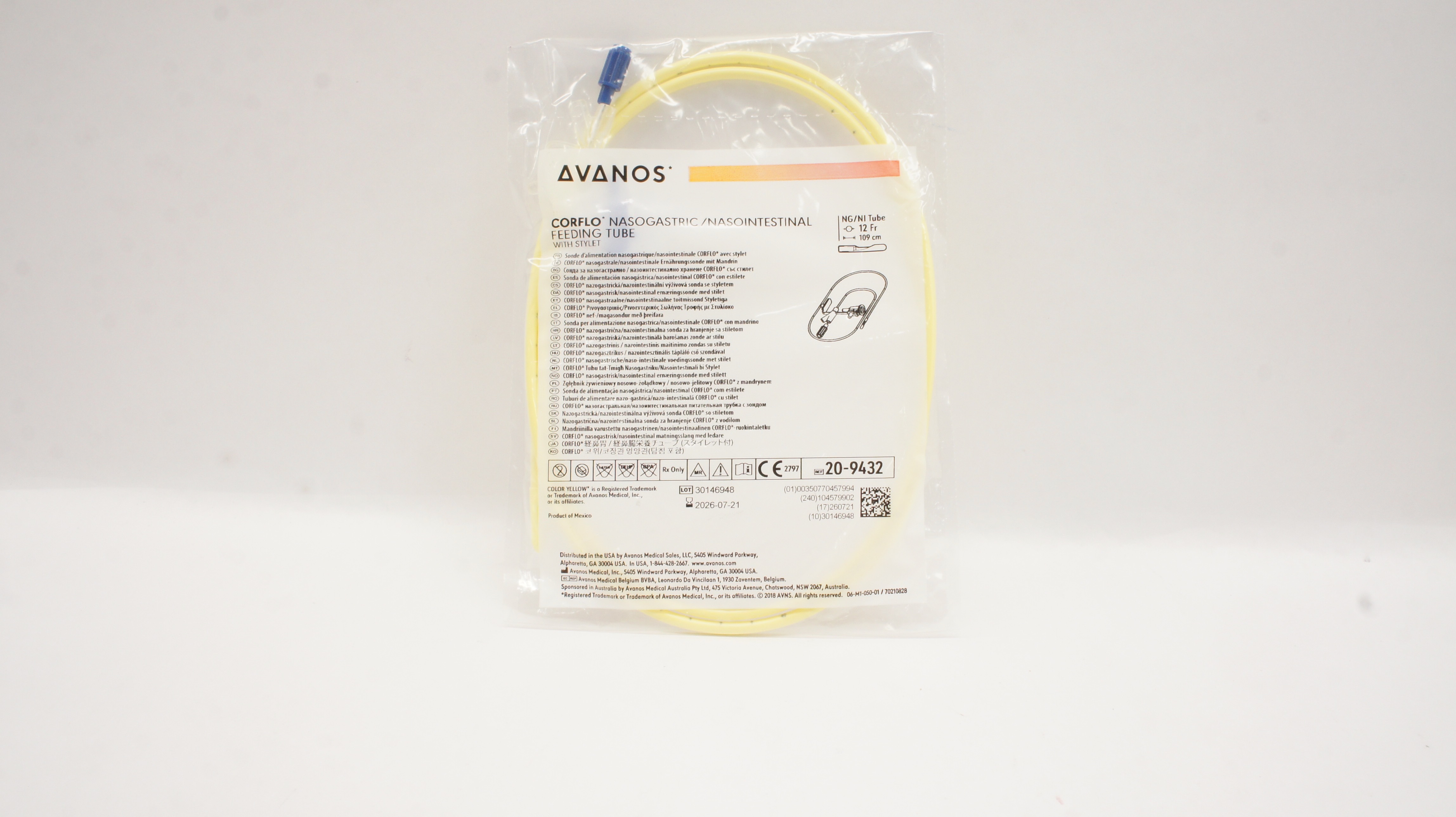 Avanos 20-9432 Corflo Nasogastric /Nasointenstinal Feeding Tube W/Stylet 12Fr