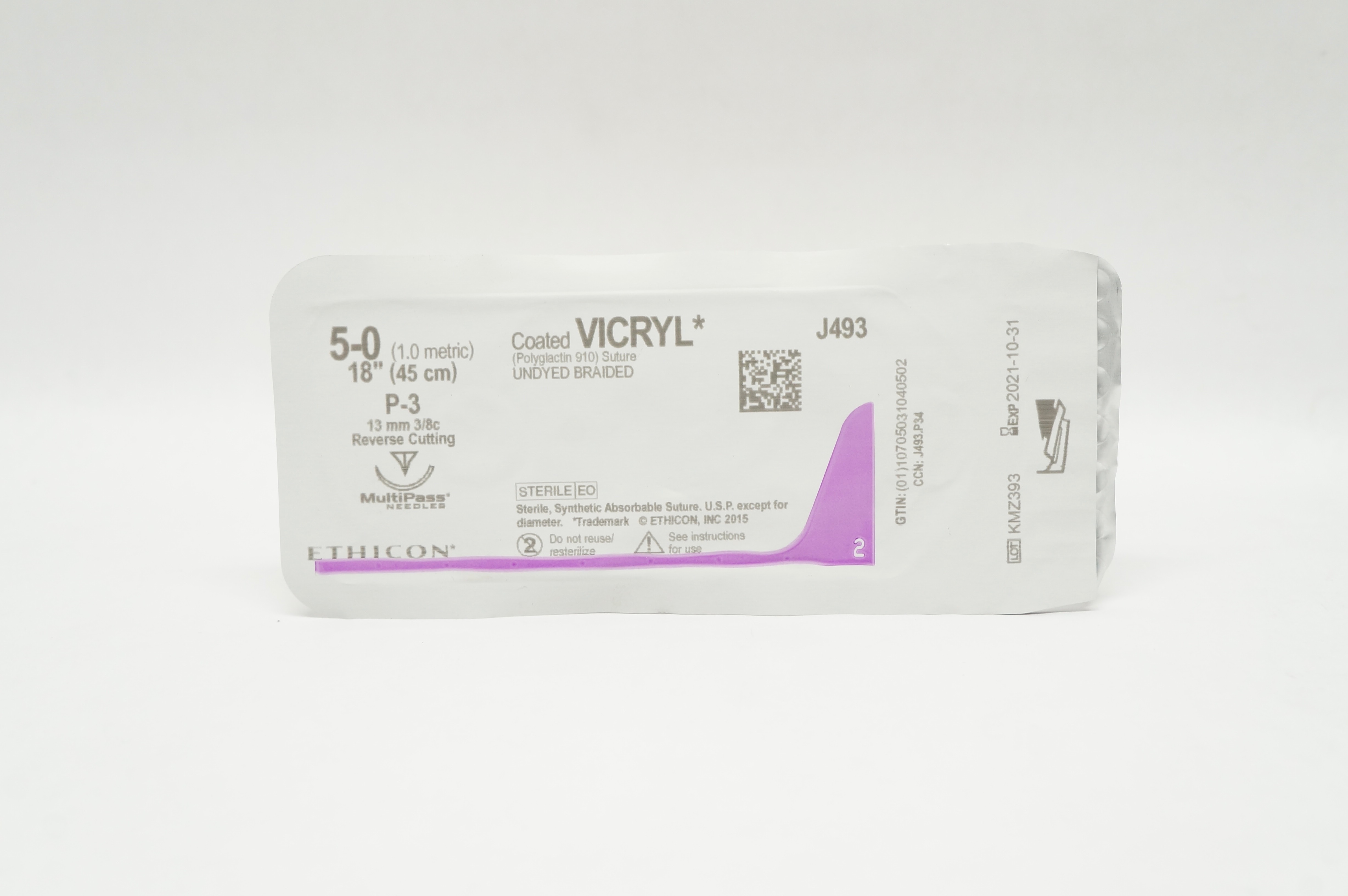 Ethicon J493 5-0 Coated VICRYL Stre P-3 13mm 3/8c Reverse Cutting 18inch (x)