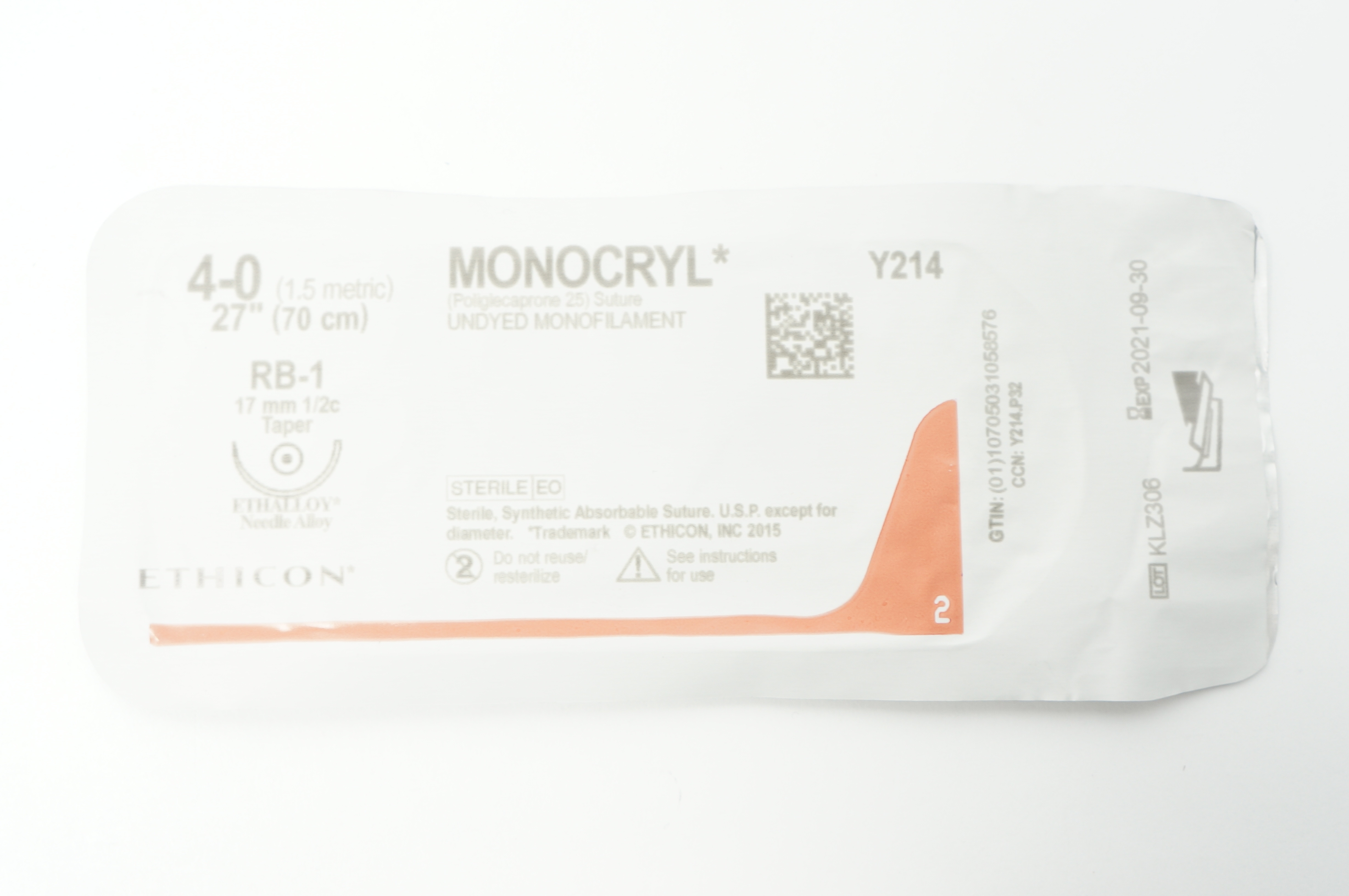 Ethicon Y214 4-0 MONOCRYL Undyed Monofilament PB-1 17mm 1/2c Taper, 27inch
