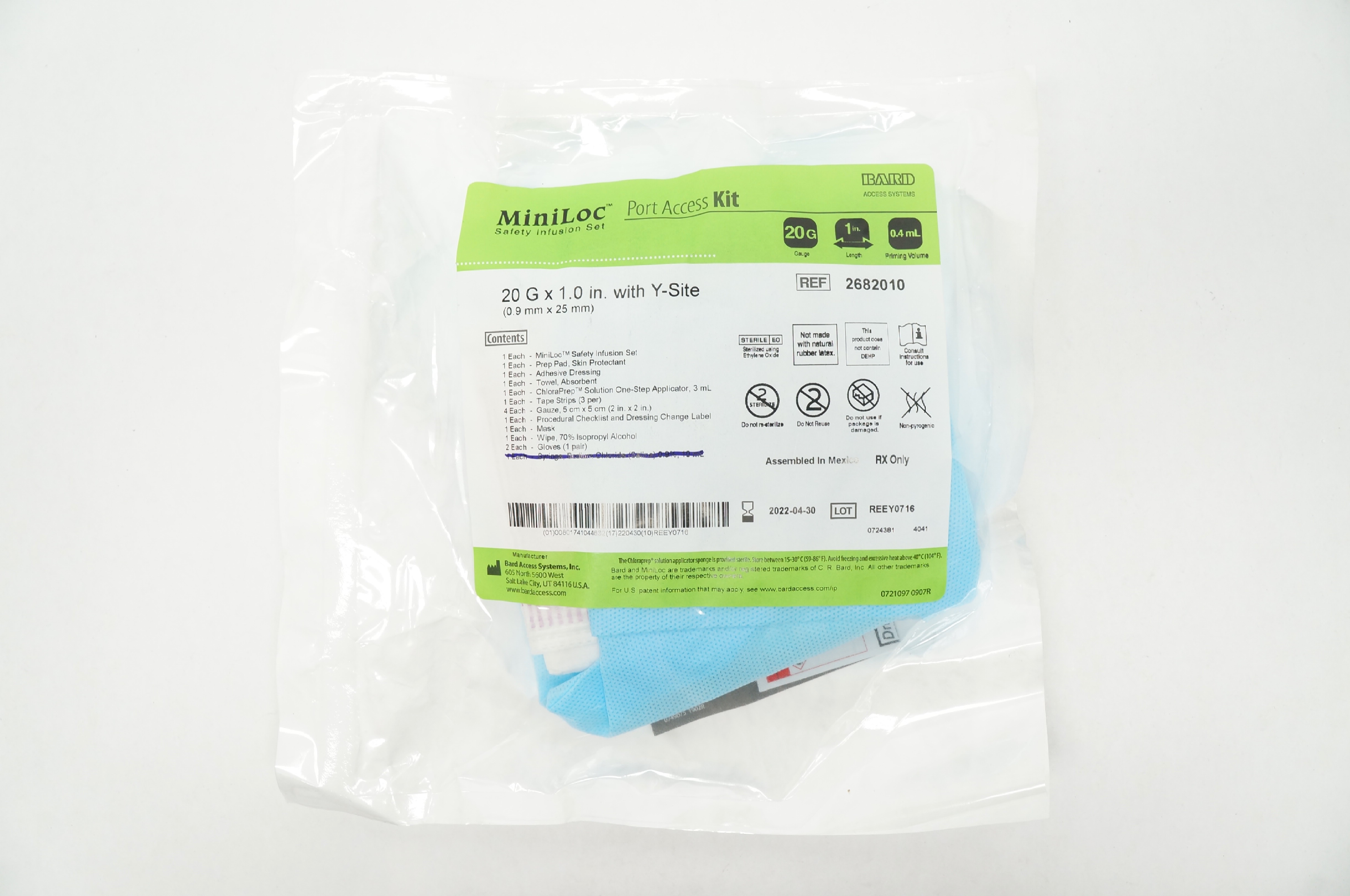 Bard 2682010 MiniLoc Safety Infusion Set Port Access Kit w/Y-Site 20Gx1.0inch(x)