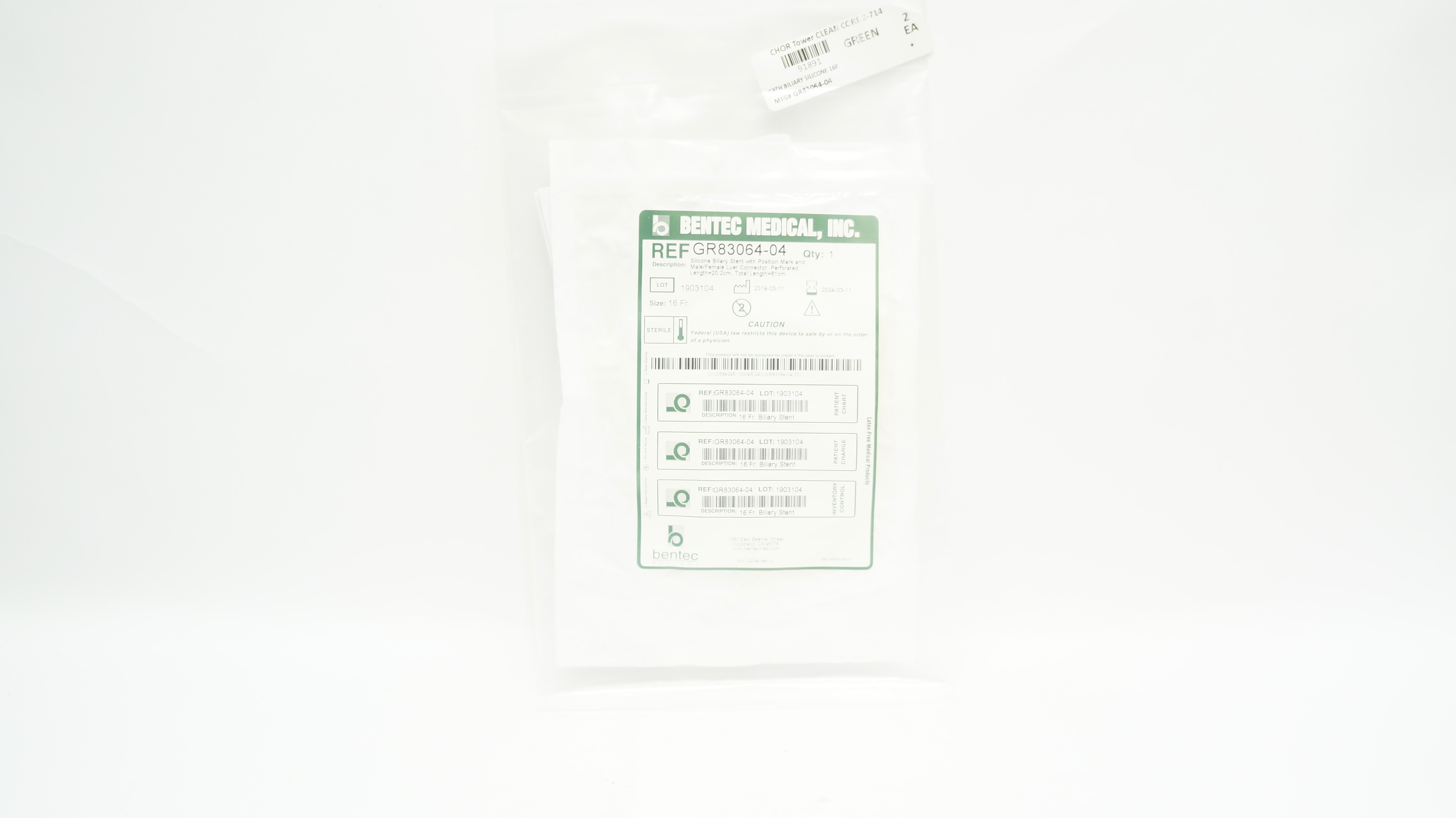 Bentec Medical GR83064-04 Silicone Biliary Stnt 16Fr