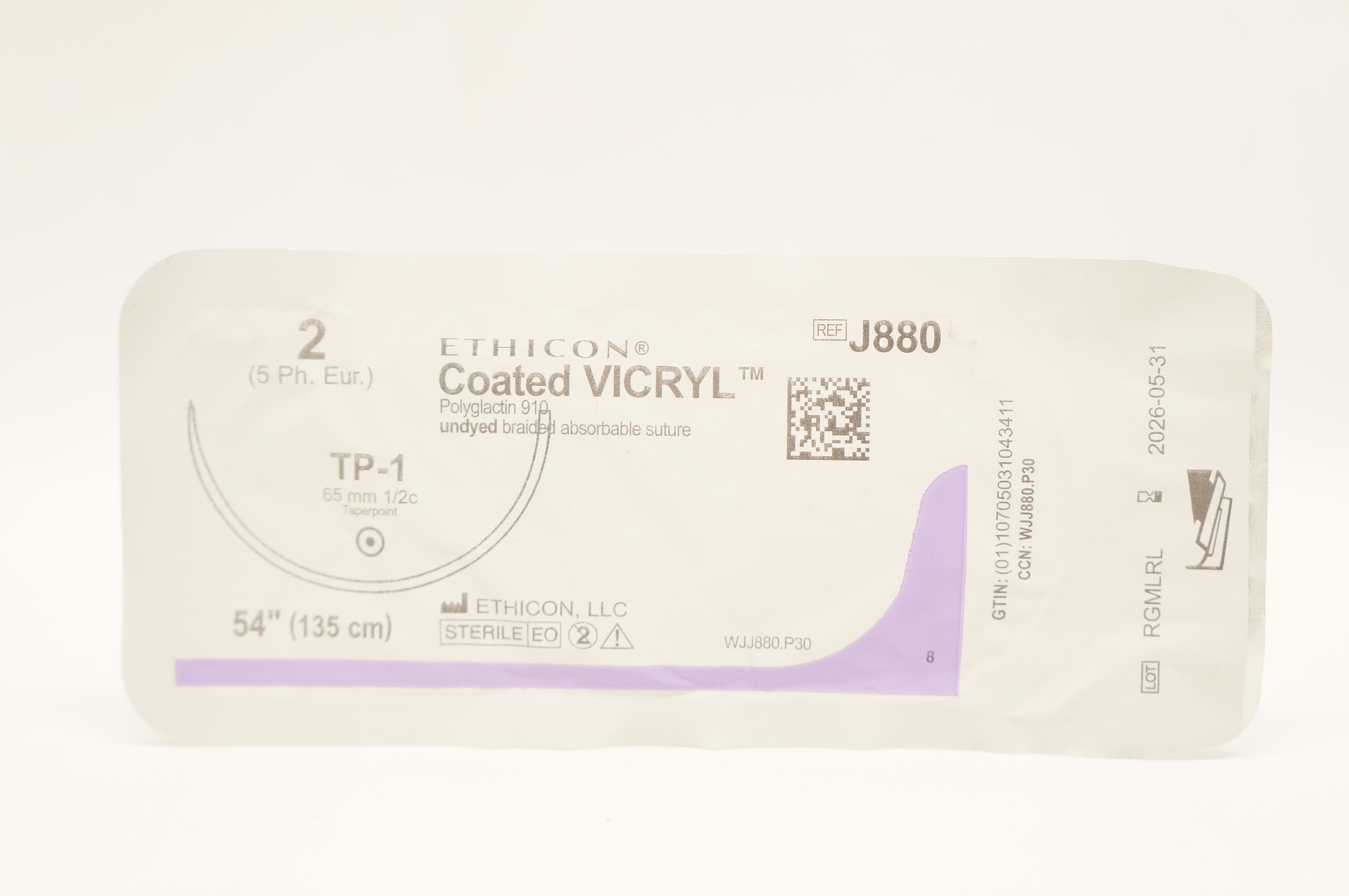 Ethicon J880 Coated Vicryl Undyed Braided TP-1 65mm 1/2c Taper, 54 inch