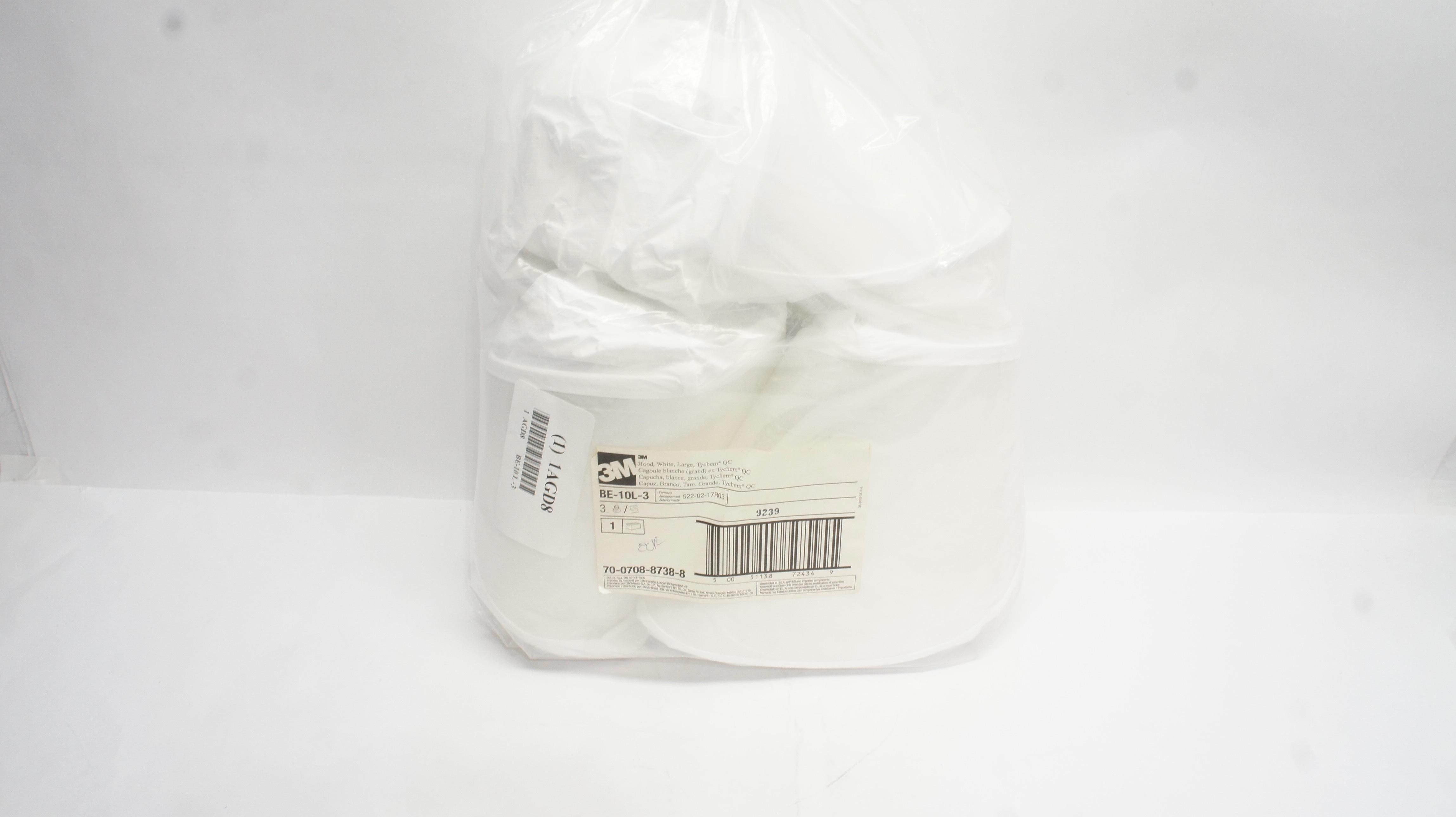 3M BE-10L-3 Hood,White,Large,Tychem QC 522-02-00R03 - Pack of 3