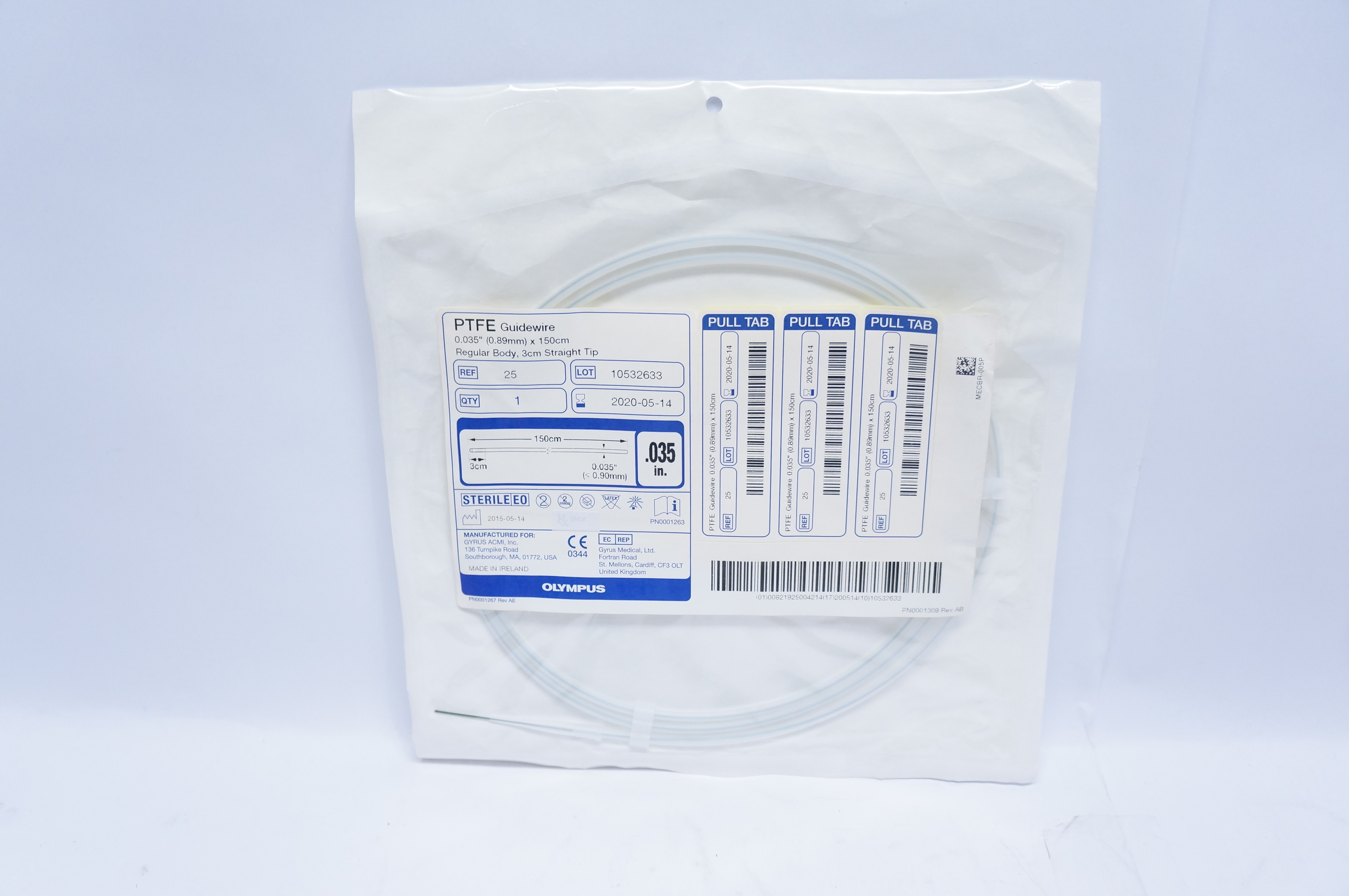 Olympus 25 PTFE Guidewire 0.035inch x 150cm Regular Body, 3cm Straight Tip (x)