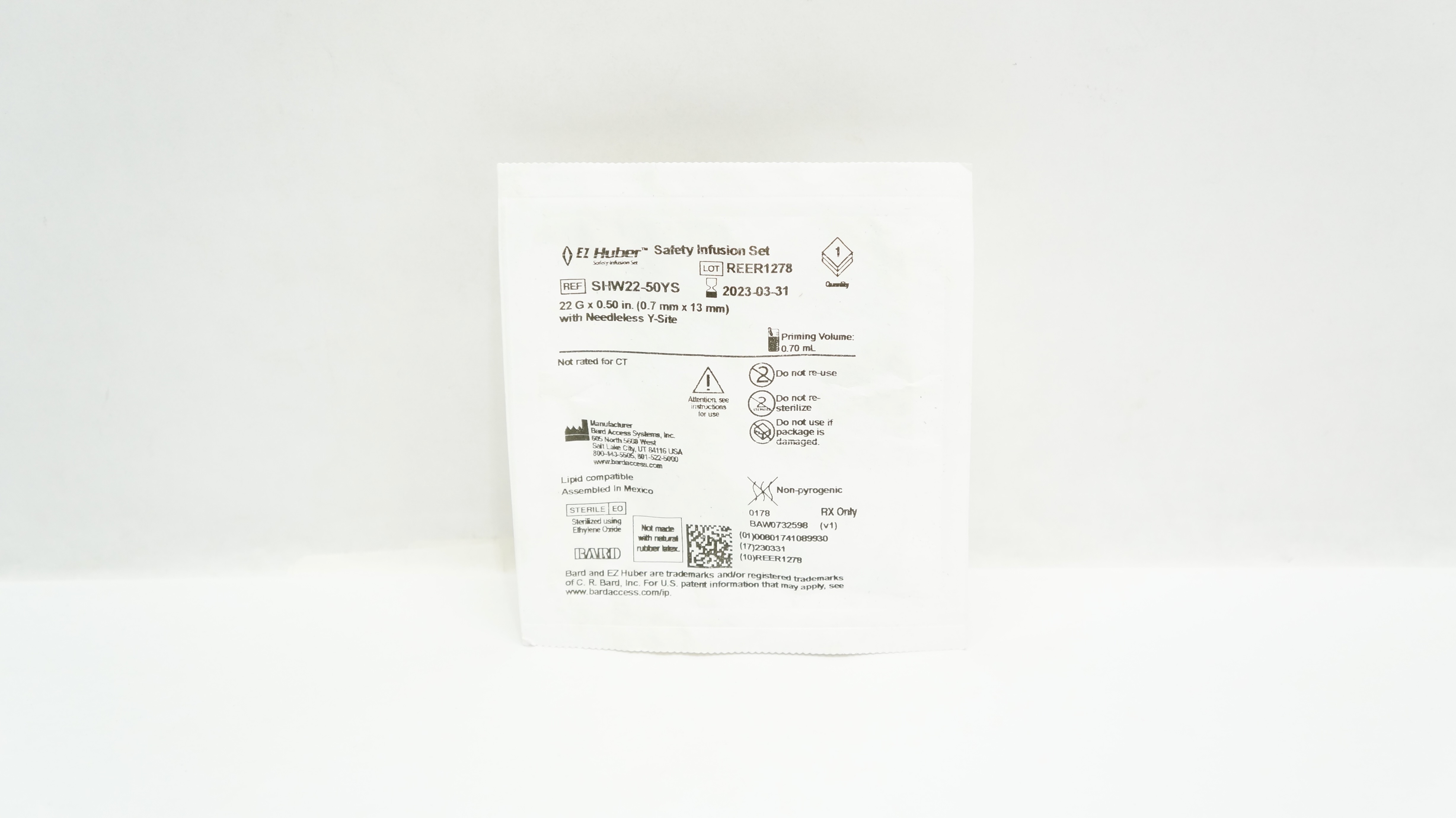Bard SHW22-50YS EZ-Huber Safety Infusion Set W/Ndleless Y-Site 22G x 0.50inch(x)