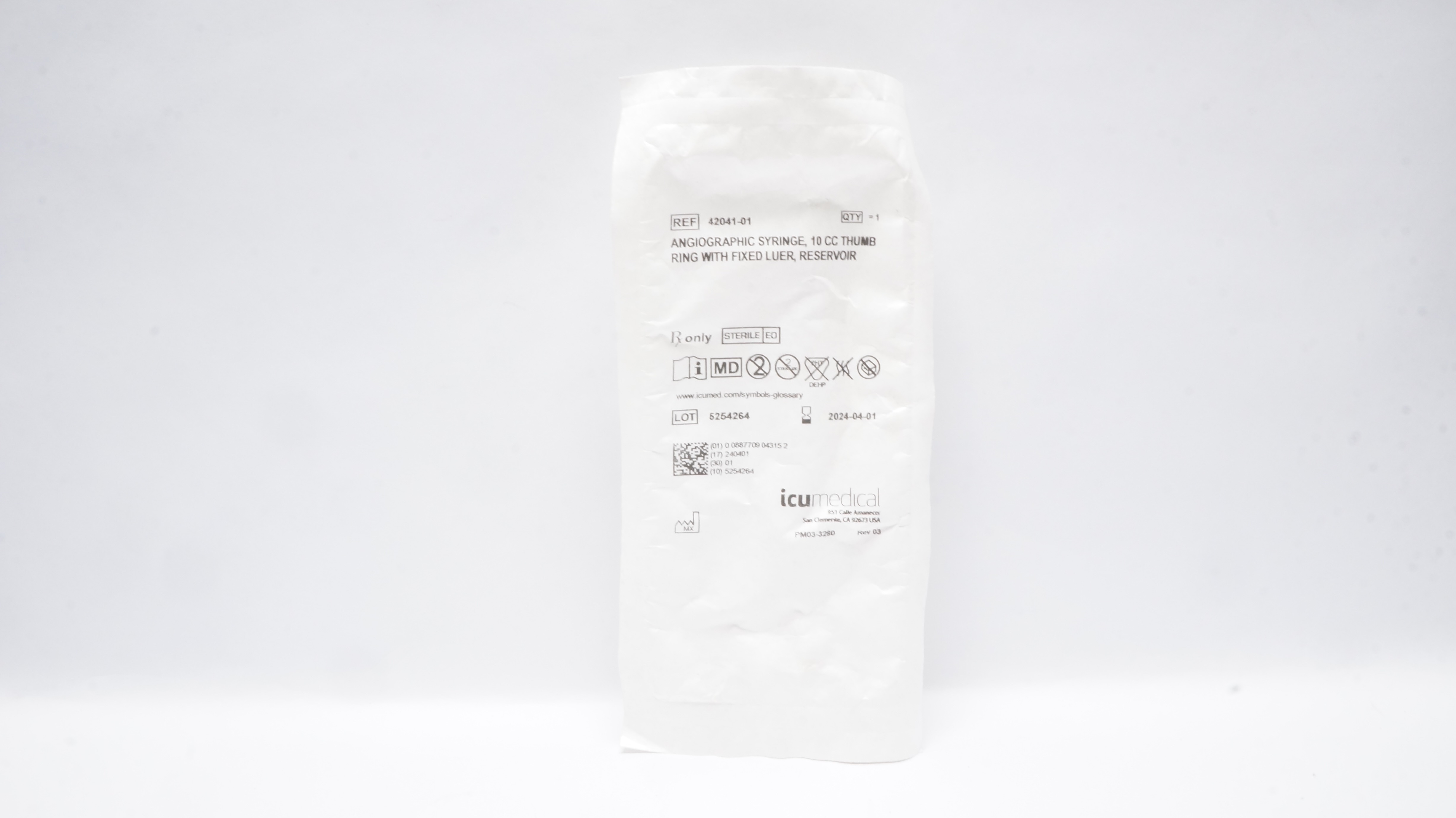 ICU Medical 42041-01 Angiographic Syringe, 10cc Thumb Ring, Reservoir (x)