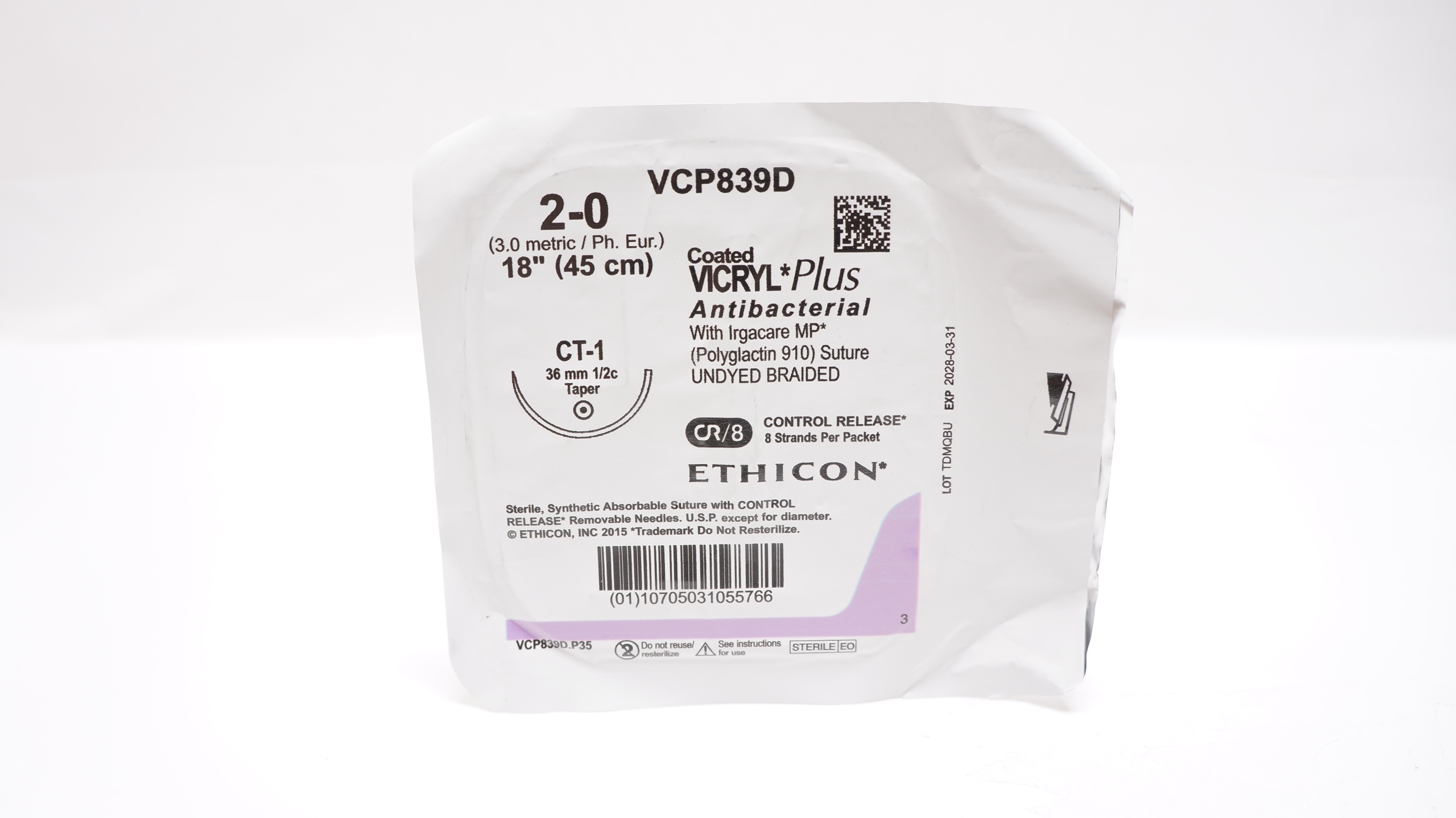 Ethicon VCP839D 2-0 Coated Vicryl Plus, CT-1, 36mm 1/2 Taper, 18inch