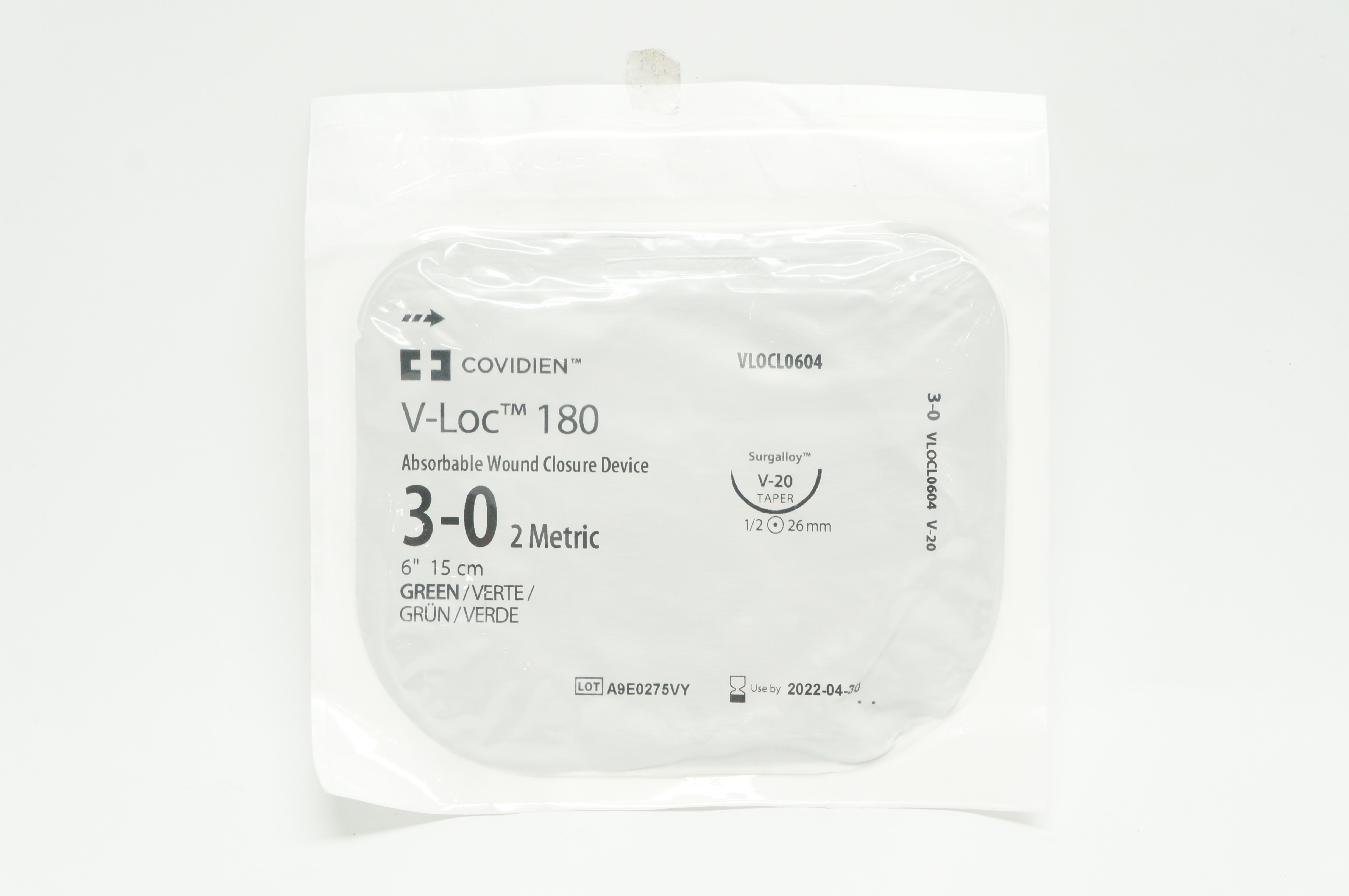Covidien VLOCL0604 V-20, 3-0 V-Loc 180, 26mm 1/2c Taper, 6inch