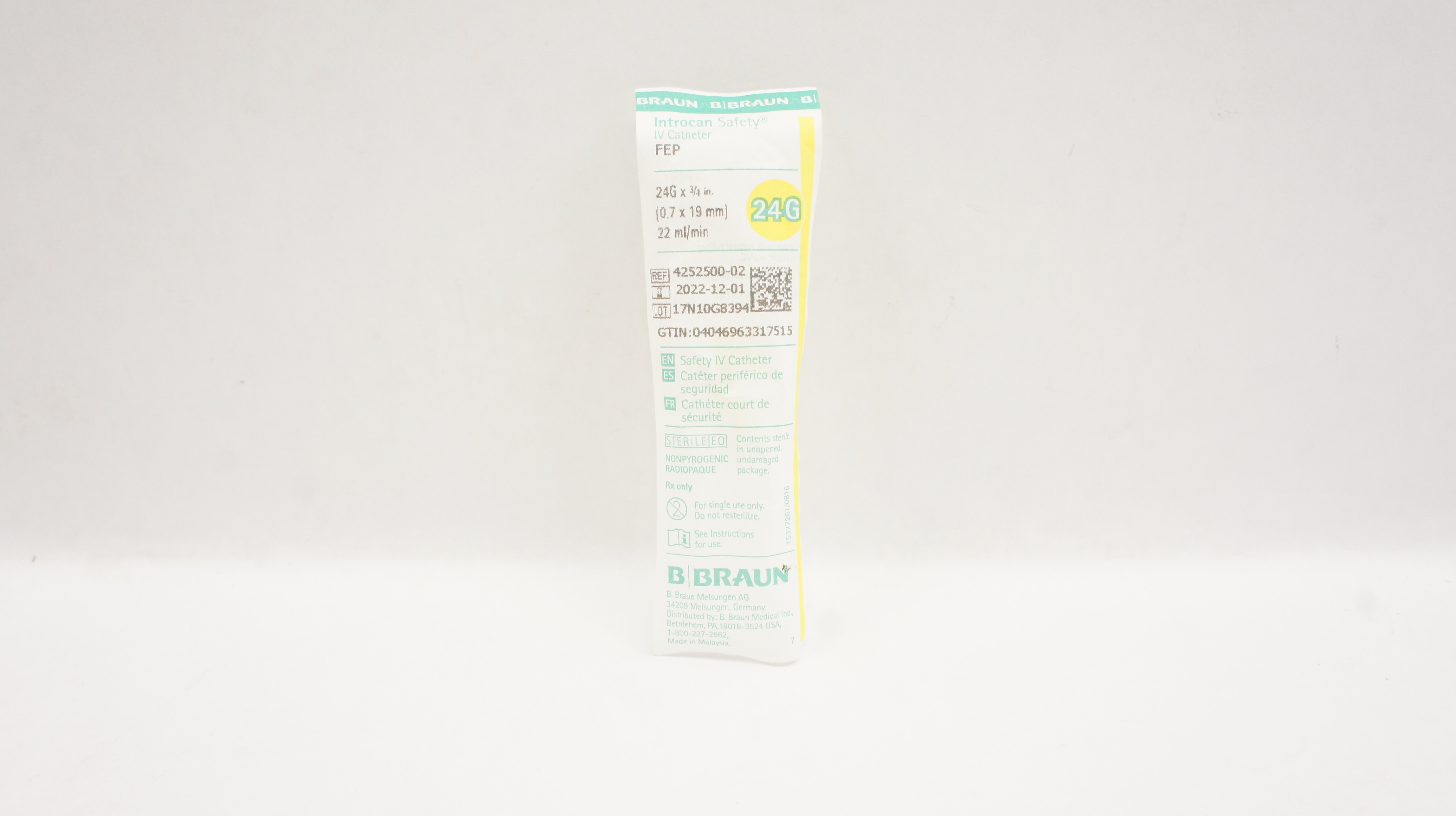 Braun 4252500-02 Introcan Safety IV Cath. 24G x 3/4 inch x 22 mL/min