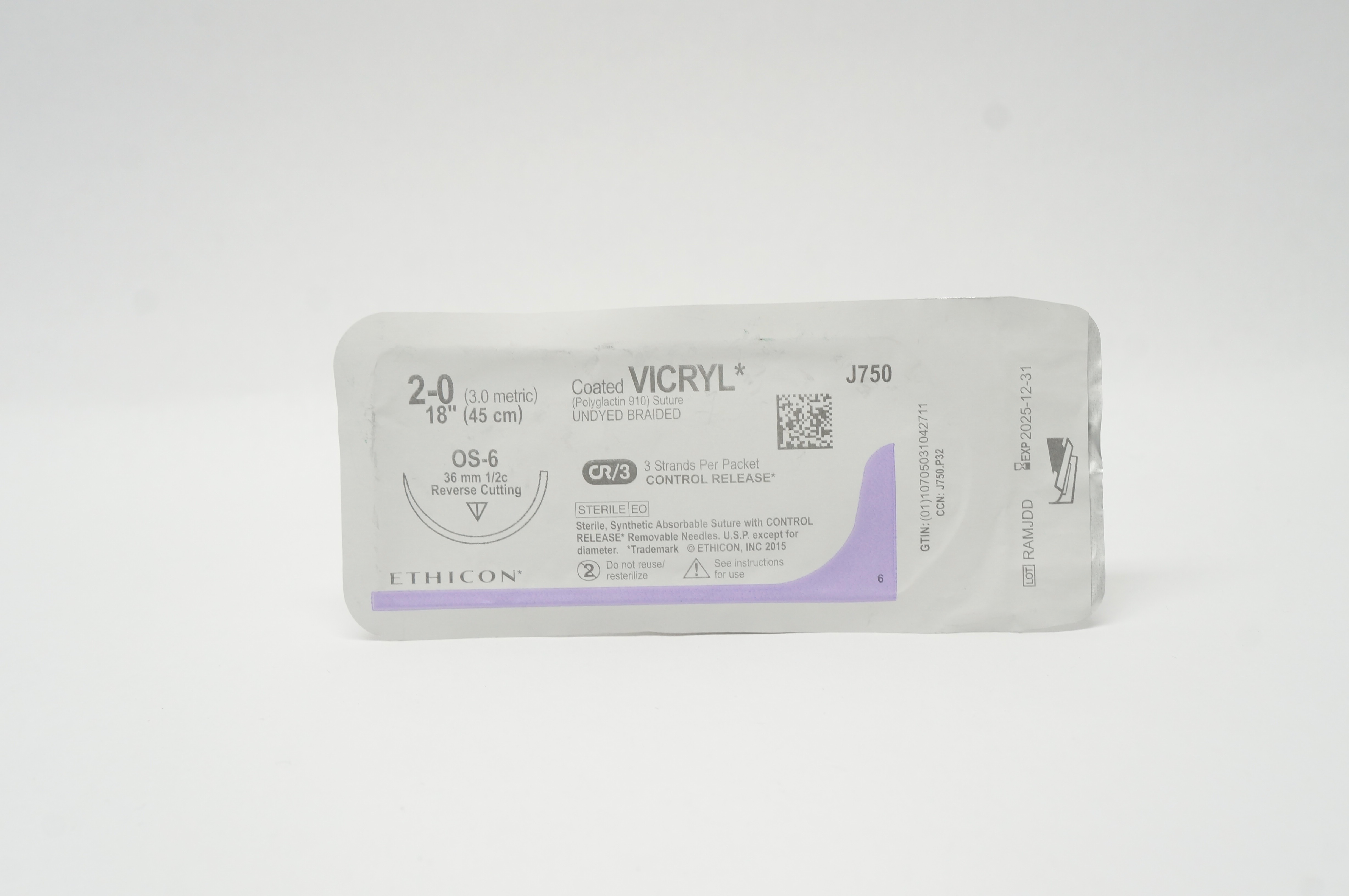 Ethicon J750 2-0 VICRYL, OS-6, 36mm 1/2c Reverse Cutting, 18inch