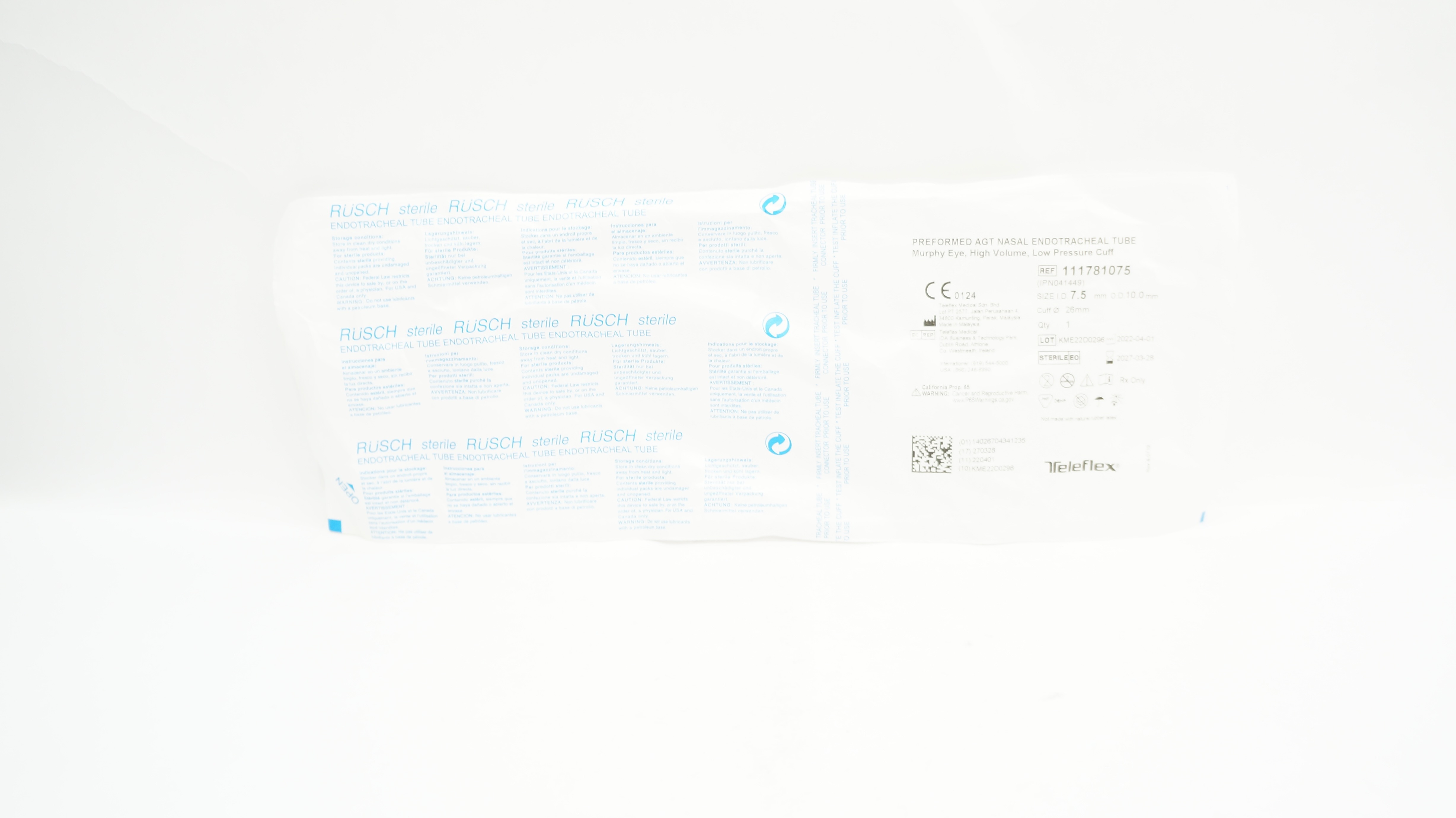 Teleflex 111781075 Rusch Nasal Endotracheal Tube 7.5 x 10.0 x 26mm