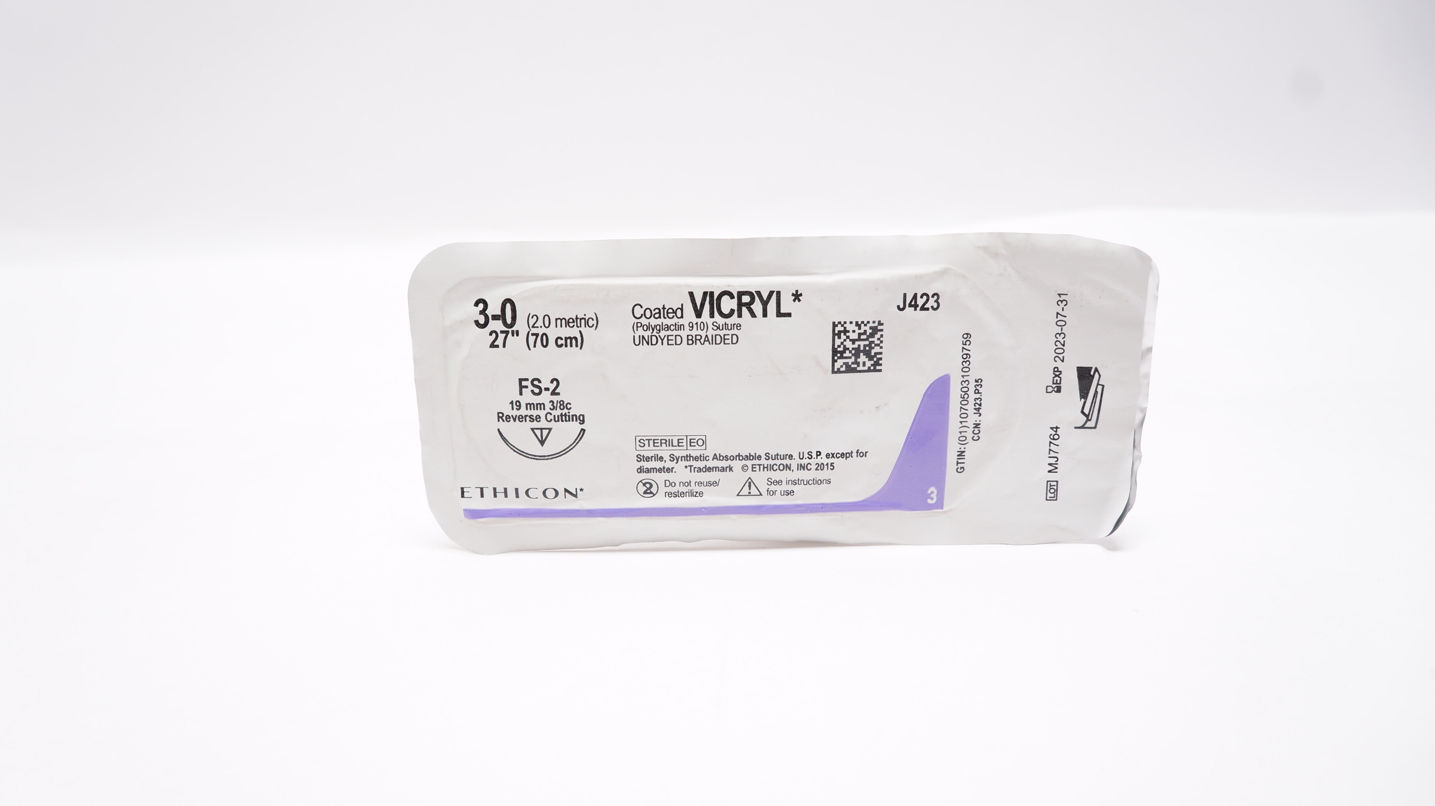 Ethicon J423 3-0 Coated VICRYL Stre FS-2 19mm 3/8c Reverse Cutting, 27inch (x)