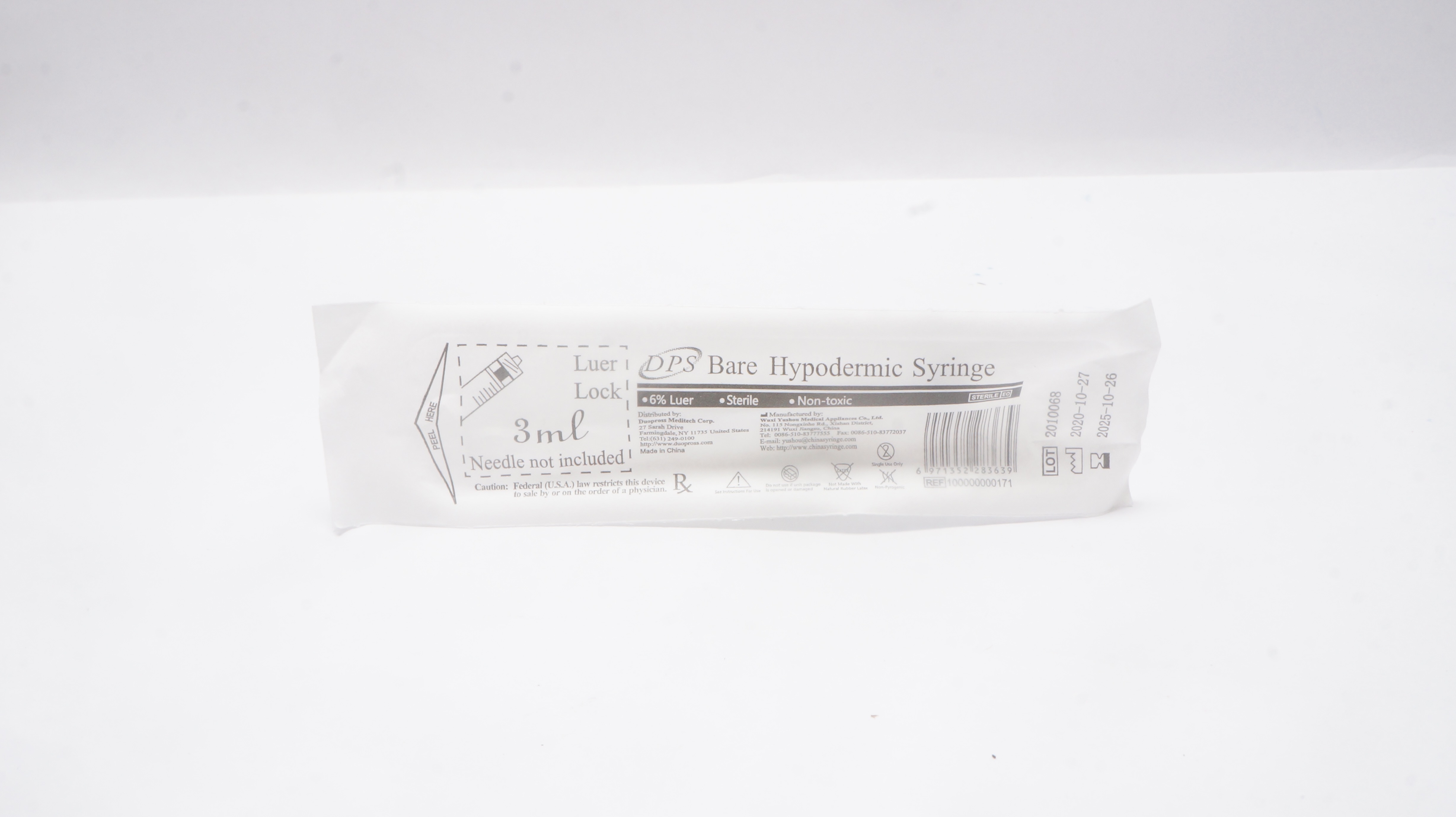 Wuxi Yushou Medical 100000000171 DPS Bare Hypodermic Syringe 3mL