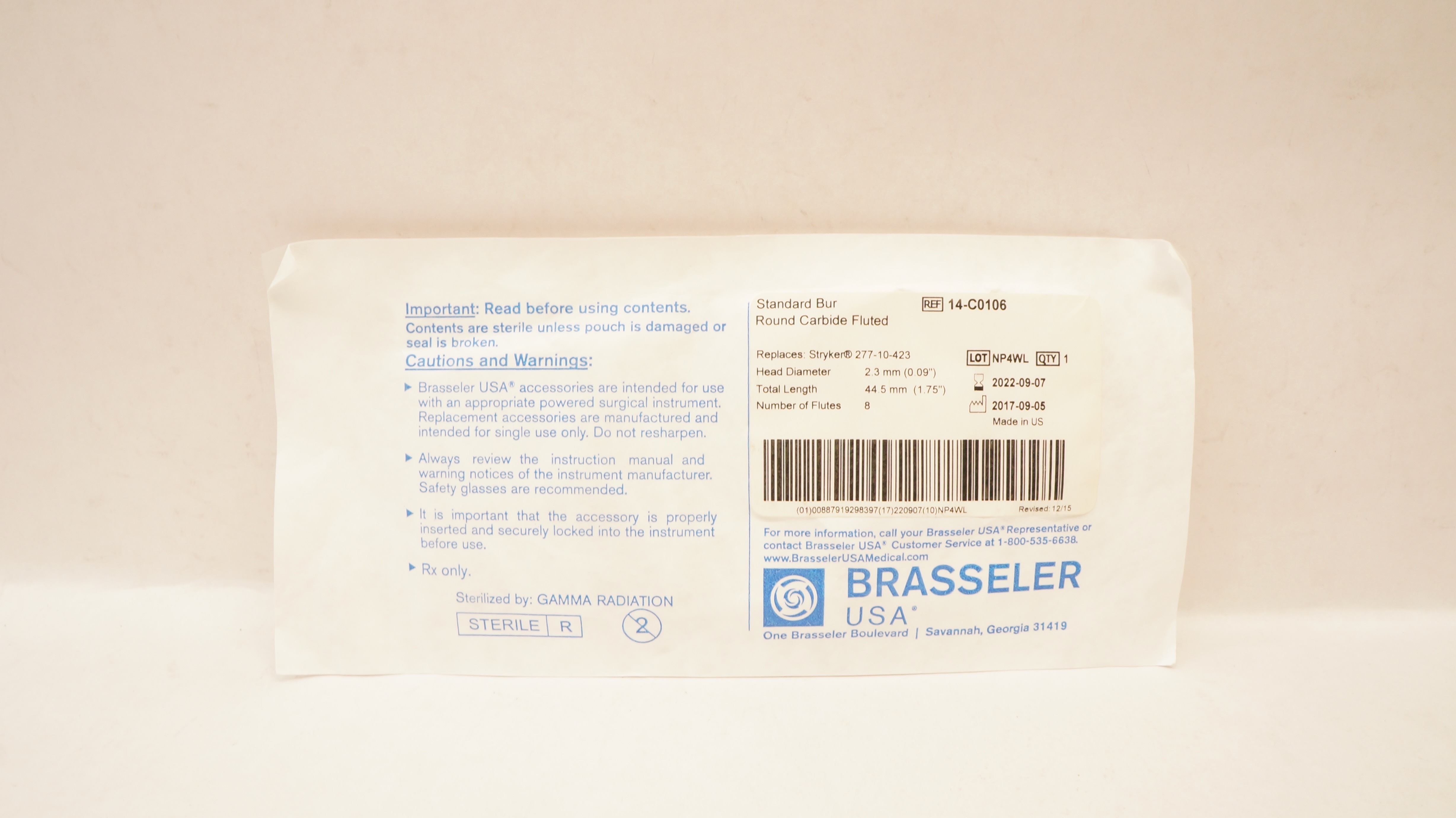 Brasseler 14-C0106 Stryker Standard Bur Round Carbide Fluted 0.09In x 1.75In(x)