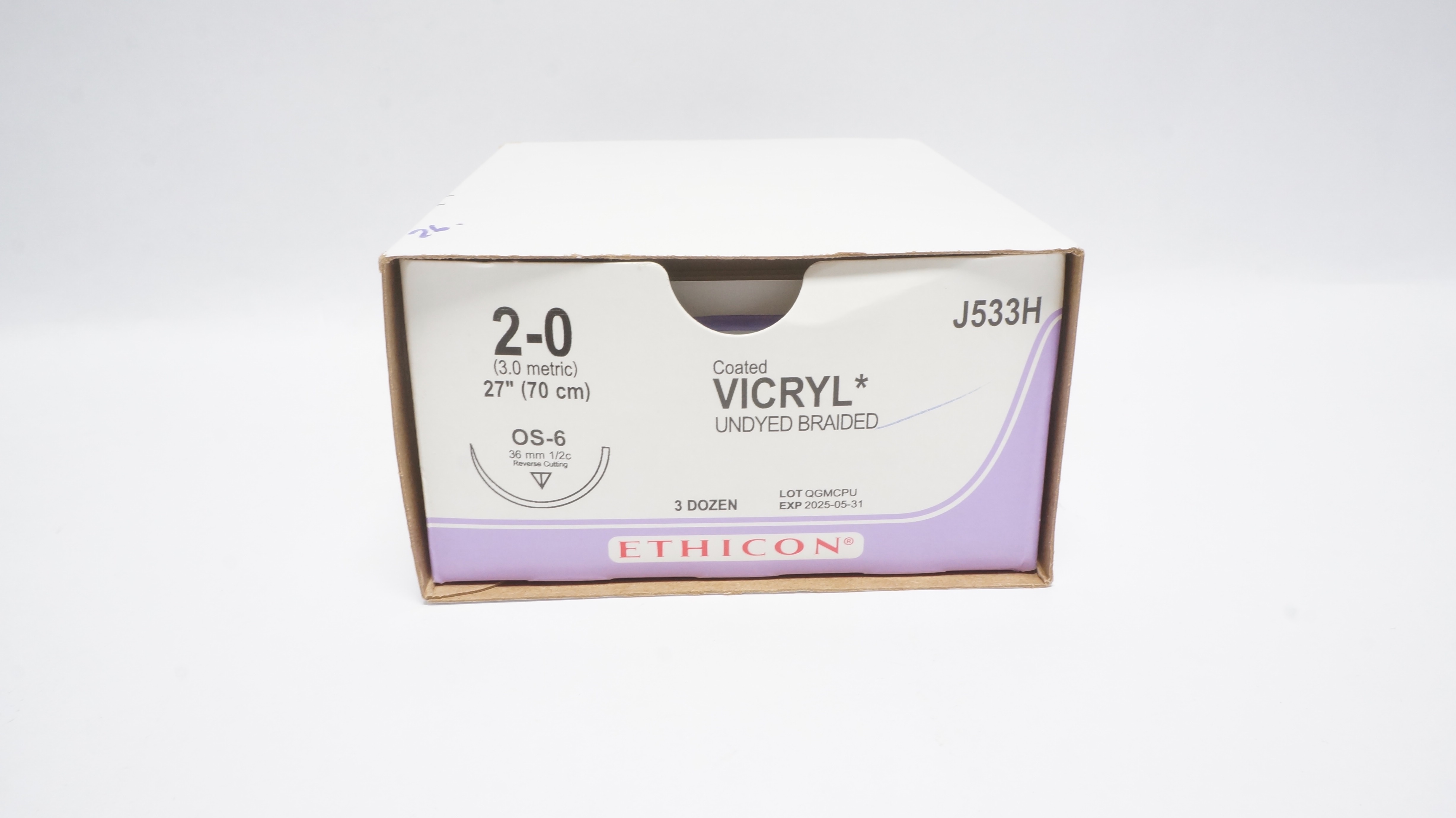 Ethicon J533H 2-0 VICRYL, OS-6, 36mm 1/2c, 27in - Box of 26 (x)