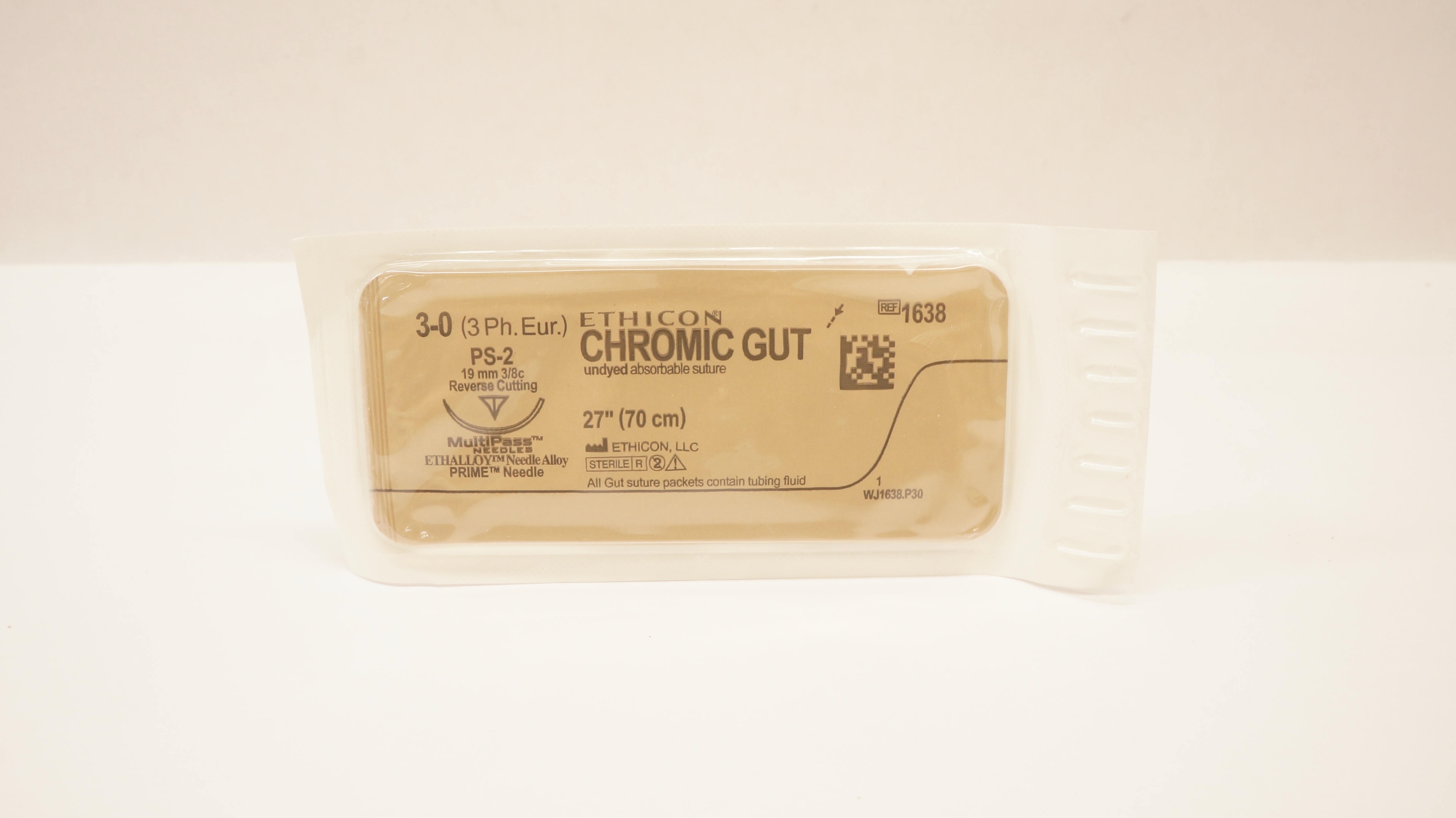 Ethicon 1638 3-0 CHROMIC GUT, PS-2, 19mm 3/8c Reverse Cutting, 27inch (x)
