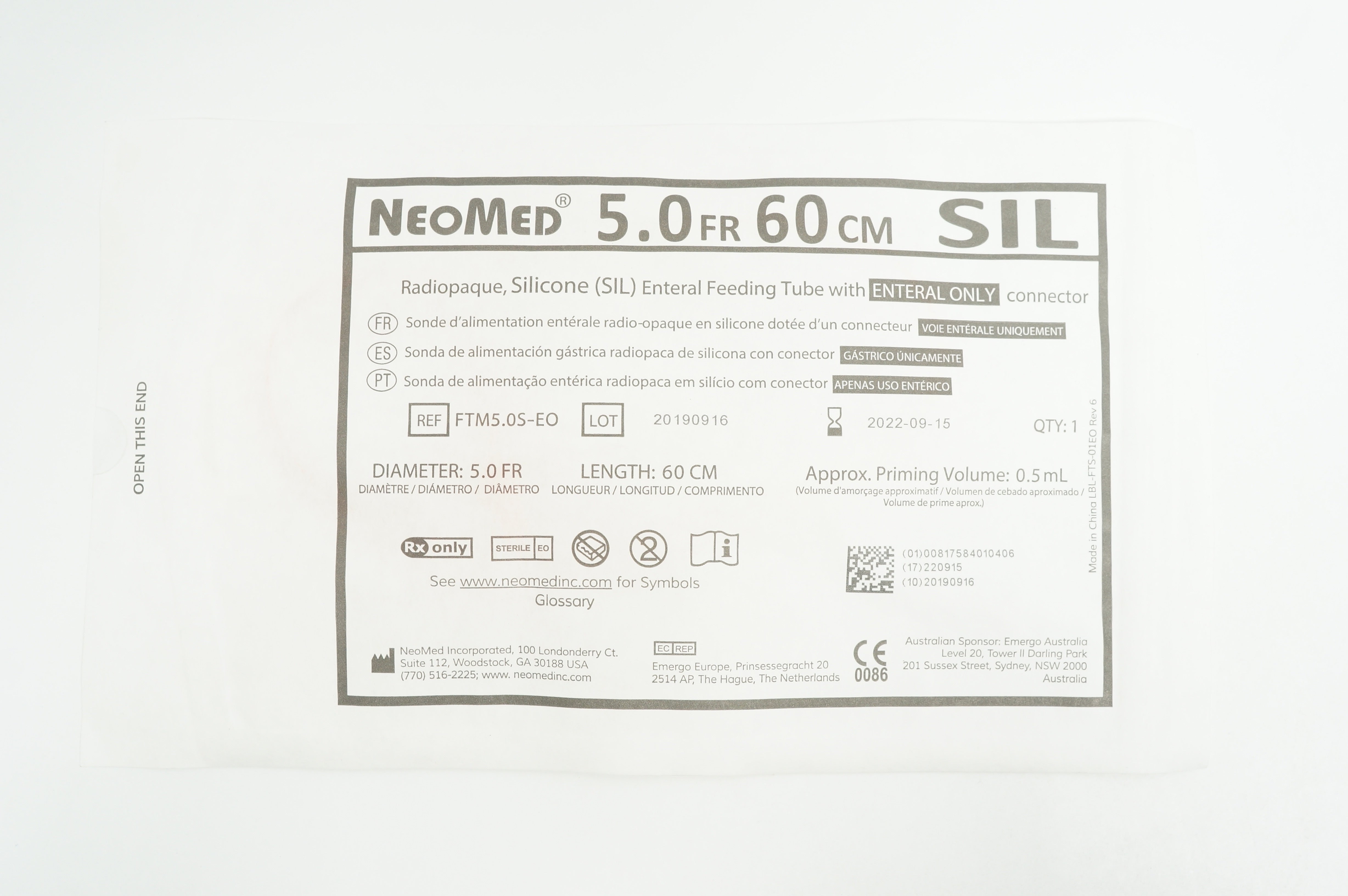 NeoMed FTM5.0S-EO Radiopaque, Silicone Enteral Feeding Tube 5Fr x 60cm, 0.5mL