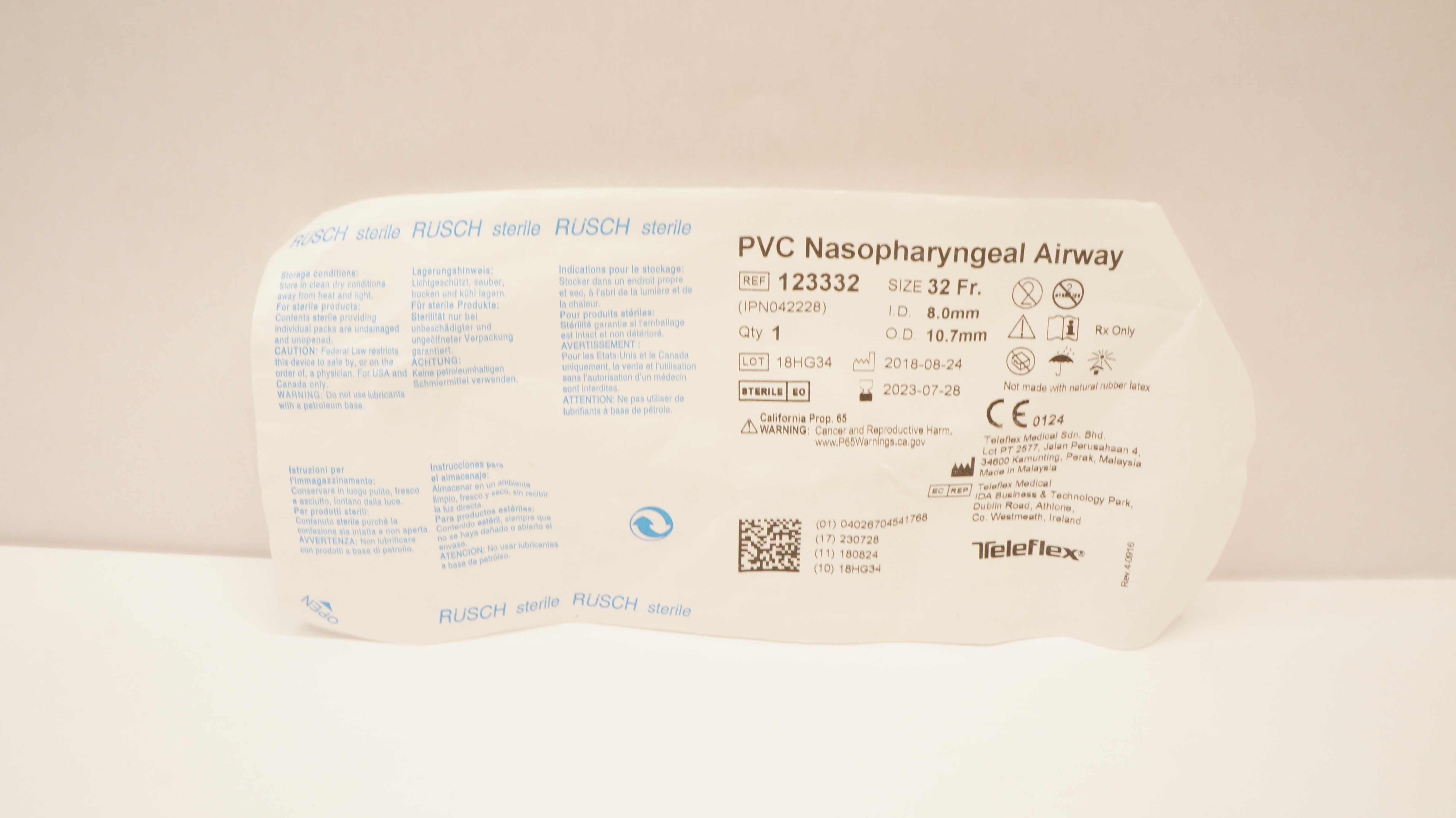 Teleflex 123332 Rusch PVC Nasopharyngeal Airway 32 Fr. 8.0mm ID x 10.7mm OD