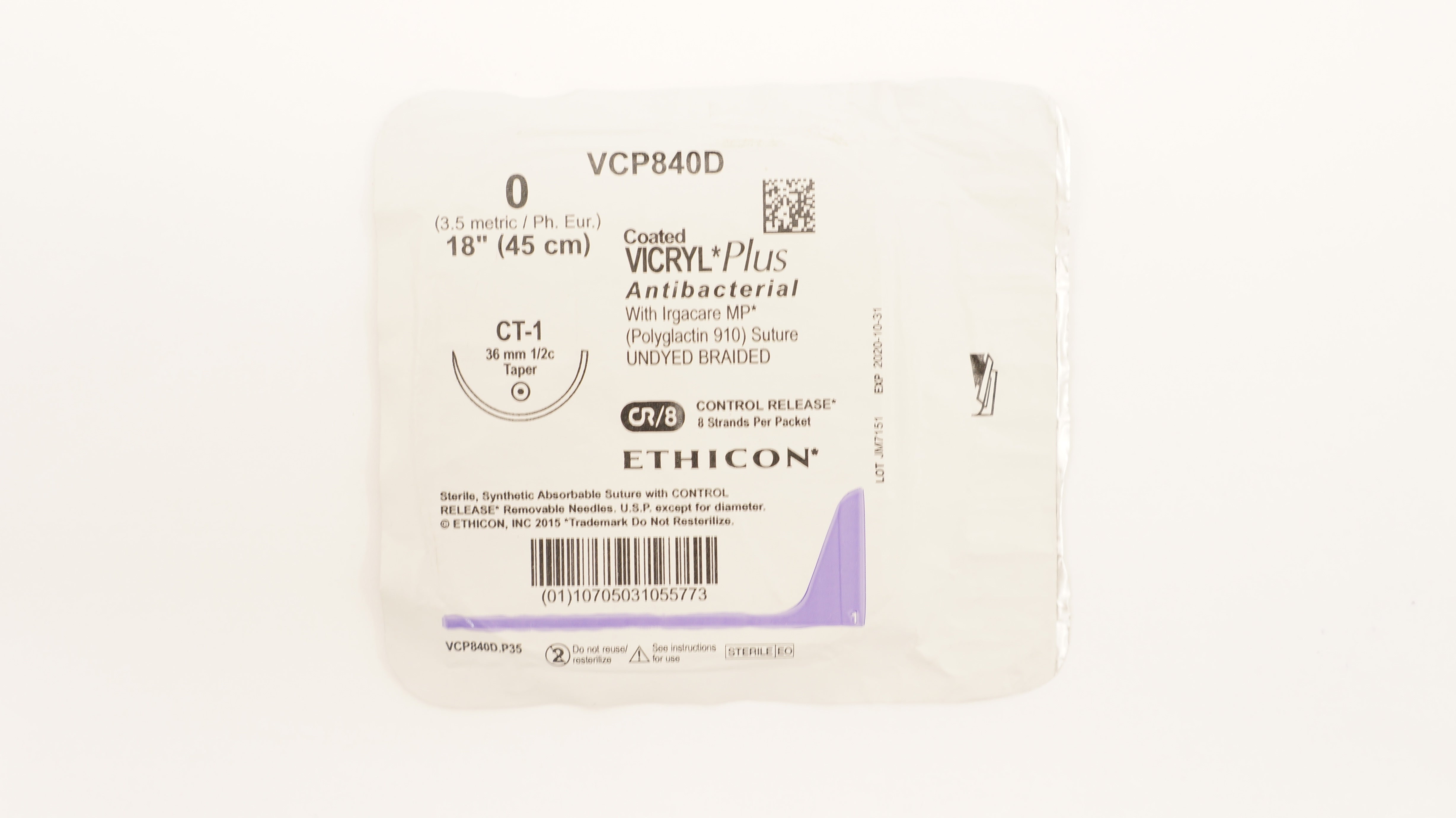 Ethicon VCP840D 0 Coated Vicryl Plus Stre CT-1 36mm 1/2c Taper, 18inch (x)