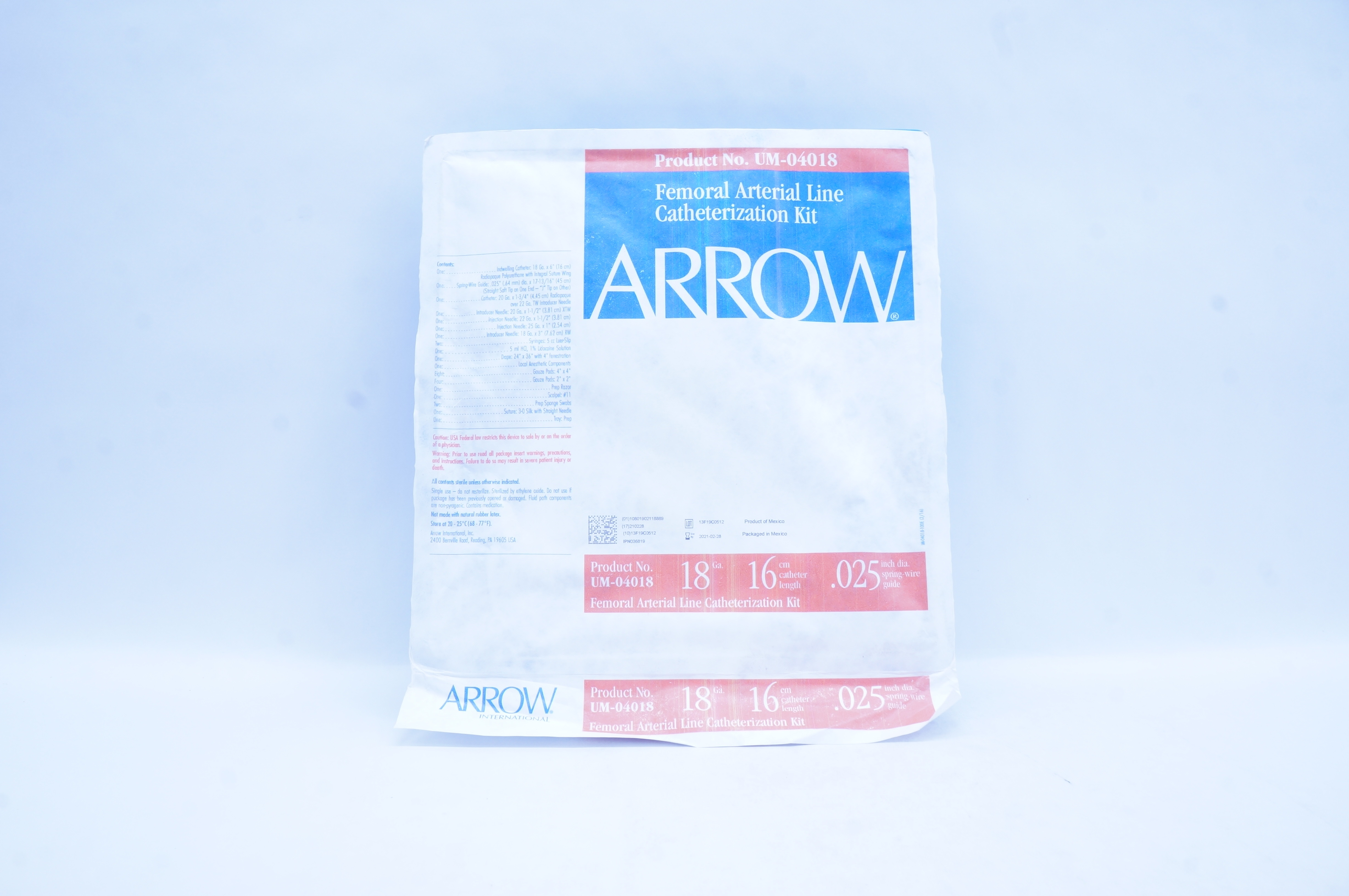 Arrow UM-04018 Femoral Arterial Line Cath. Kit  18Ga x 16 cm x 0.025 inch (x)