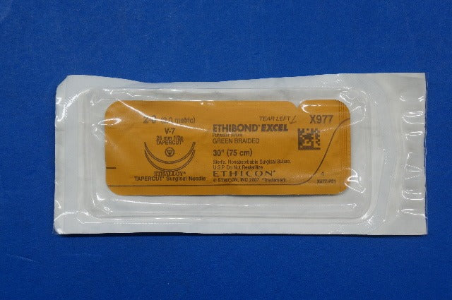 Ethicon X977 2-0 ETHIBOND EXCEL, V-7 26mm 1/2c TAPERCUT, Green Braided, 30inch