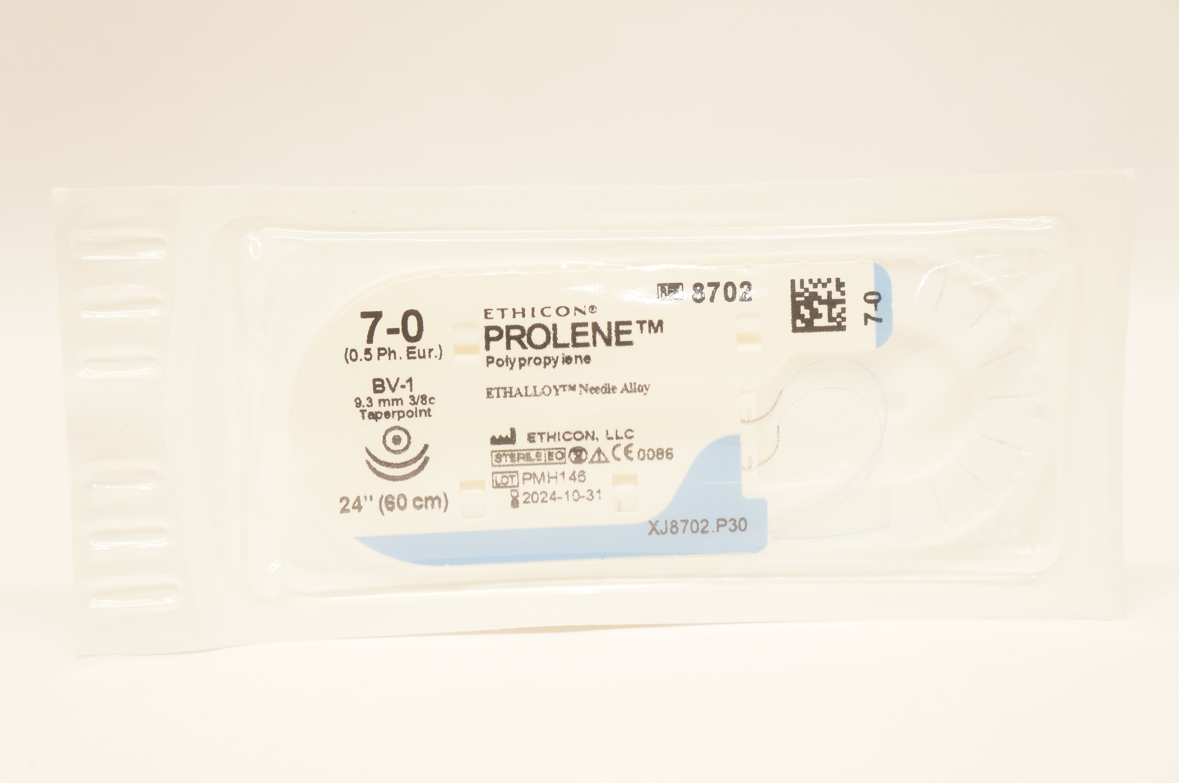 Ethicon 8702 7-0 Prolene Polypropylene Stre BV-1 9.3mm 3/8c Taperpoint, 24inch