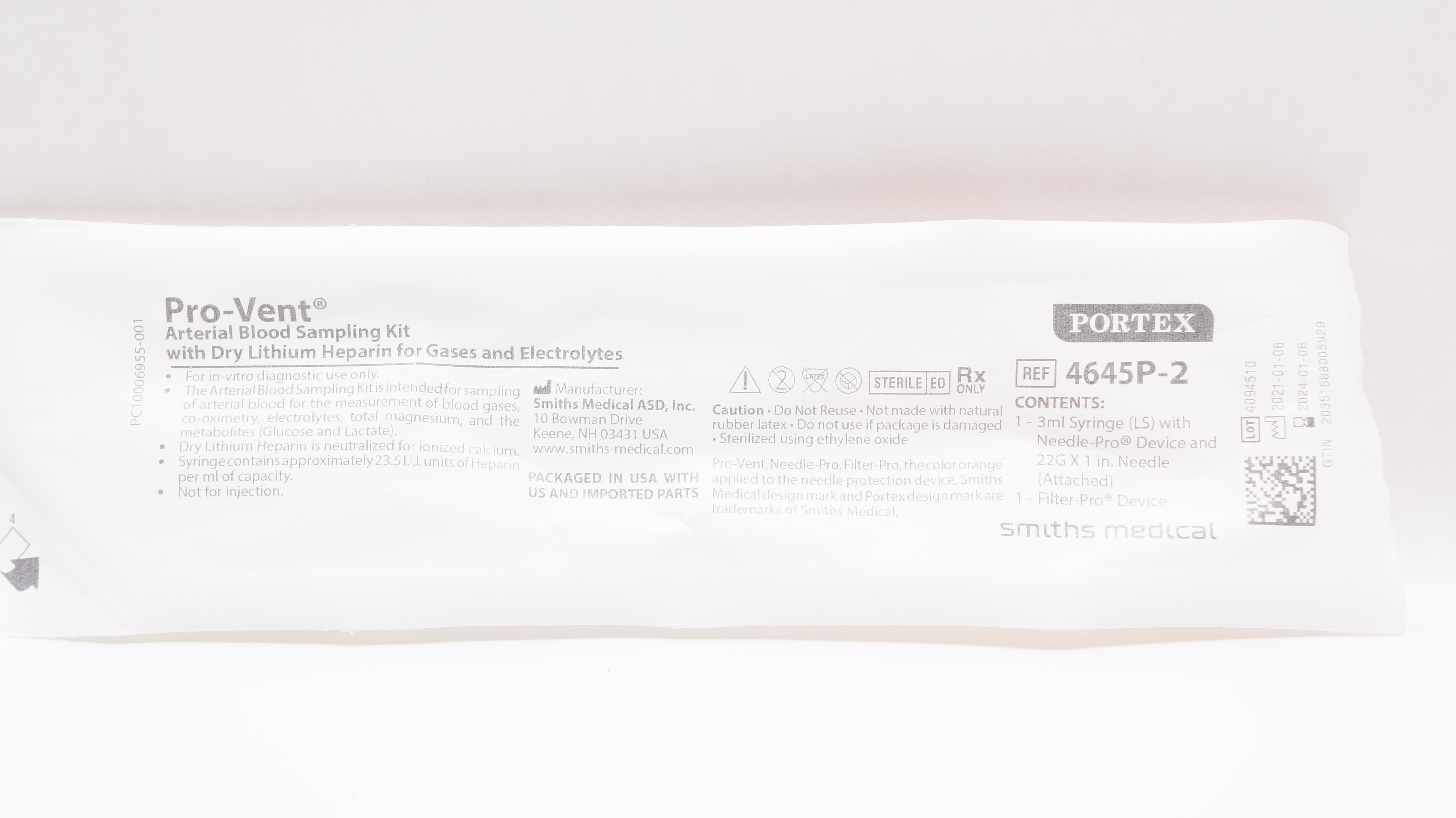 Smiths Medical 4645P-2 Portex Pro-Vent Arterial Blood Sampling Kit (x)