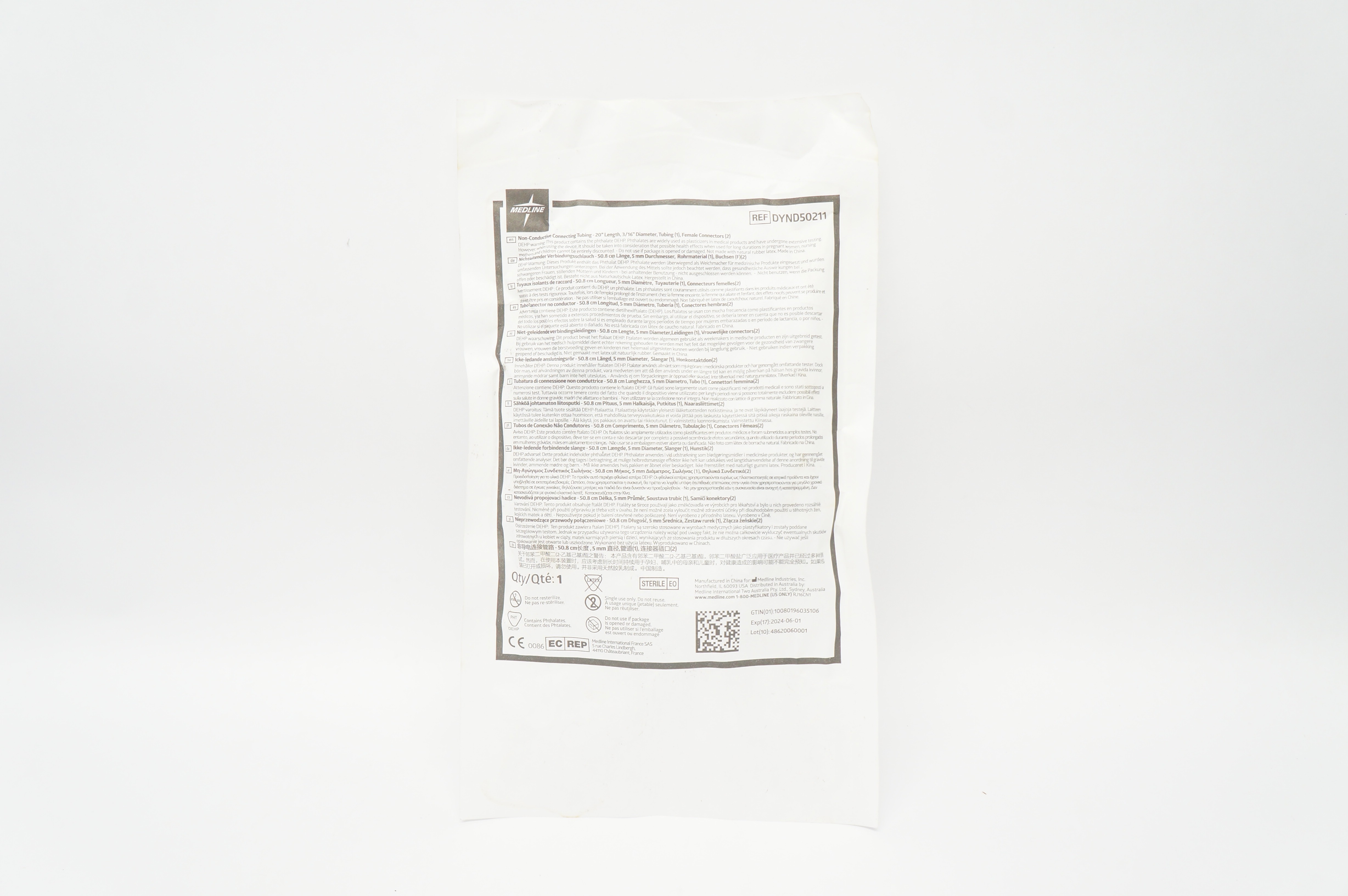 Medline DYND50211 Non Conductive Connecting Tubing 20inch x 3/16inch