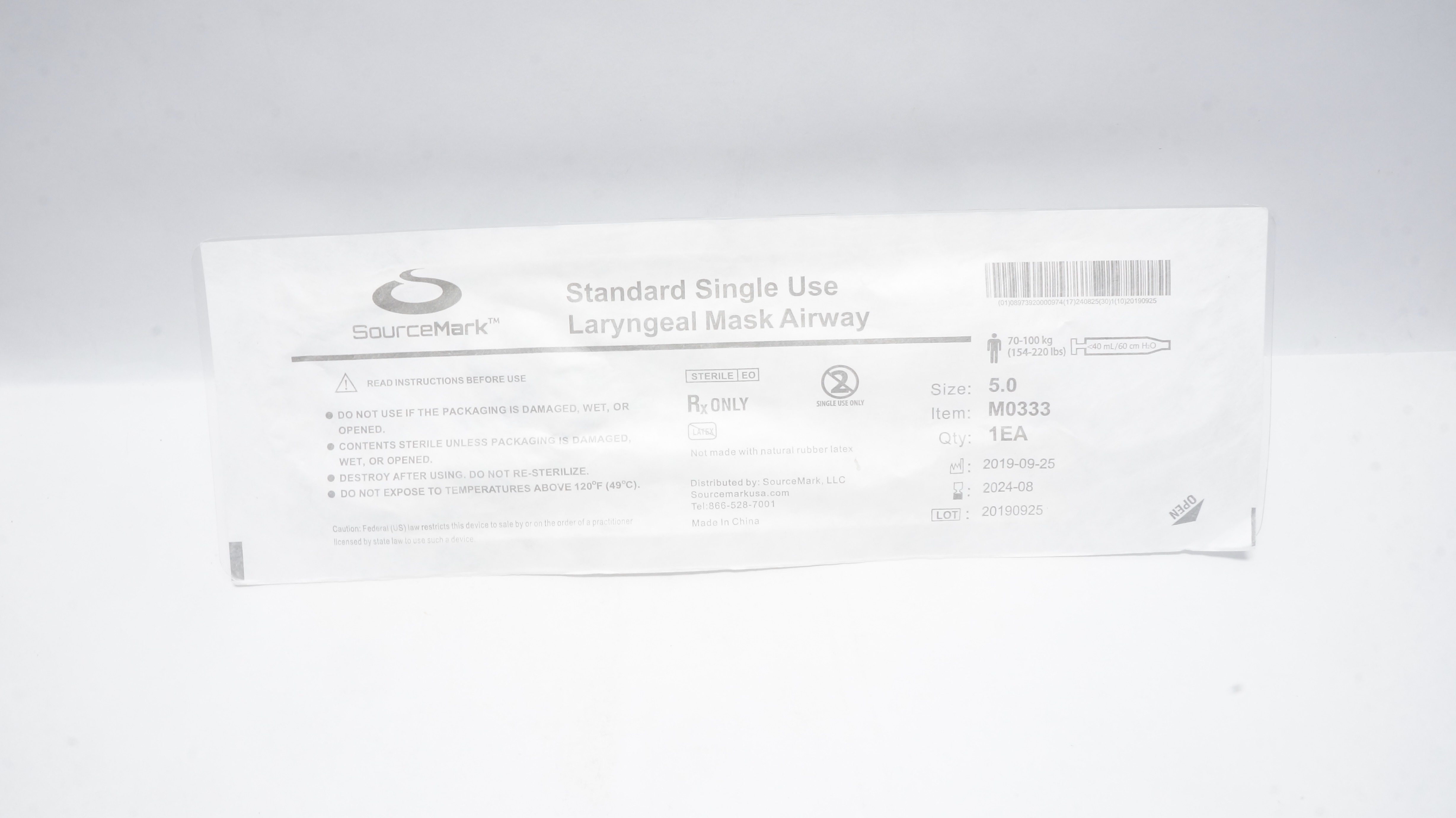 SourceMark Medical M0333 Laryngeal Mask Airway Size 5.0  <40mL/60cmH2O (X)