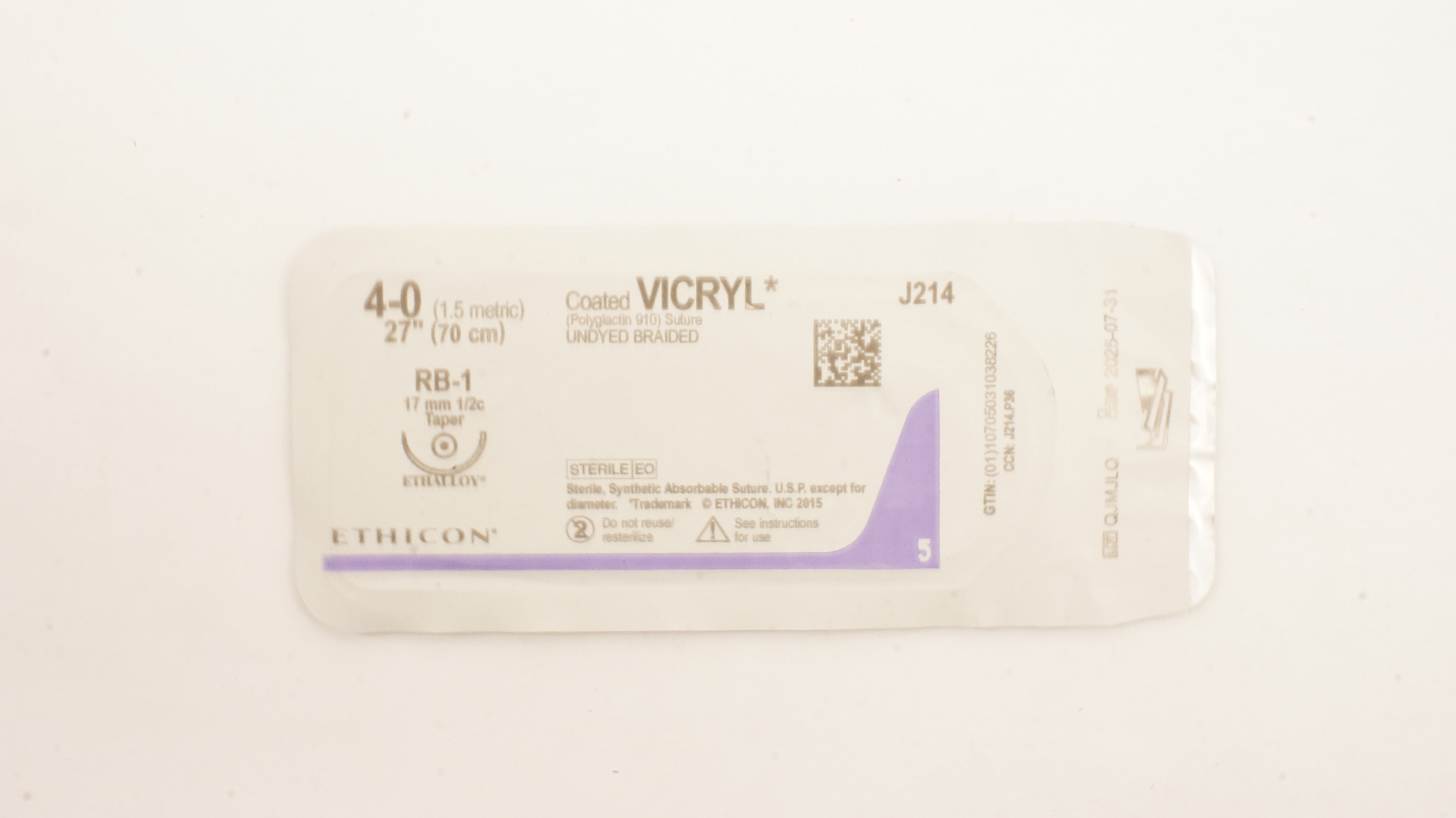Ethicon J214 4-0 Coated Vicryl Stre Undyed Braided, RB-1 17mm Tapper, 27inch