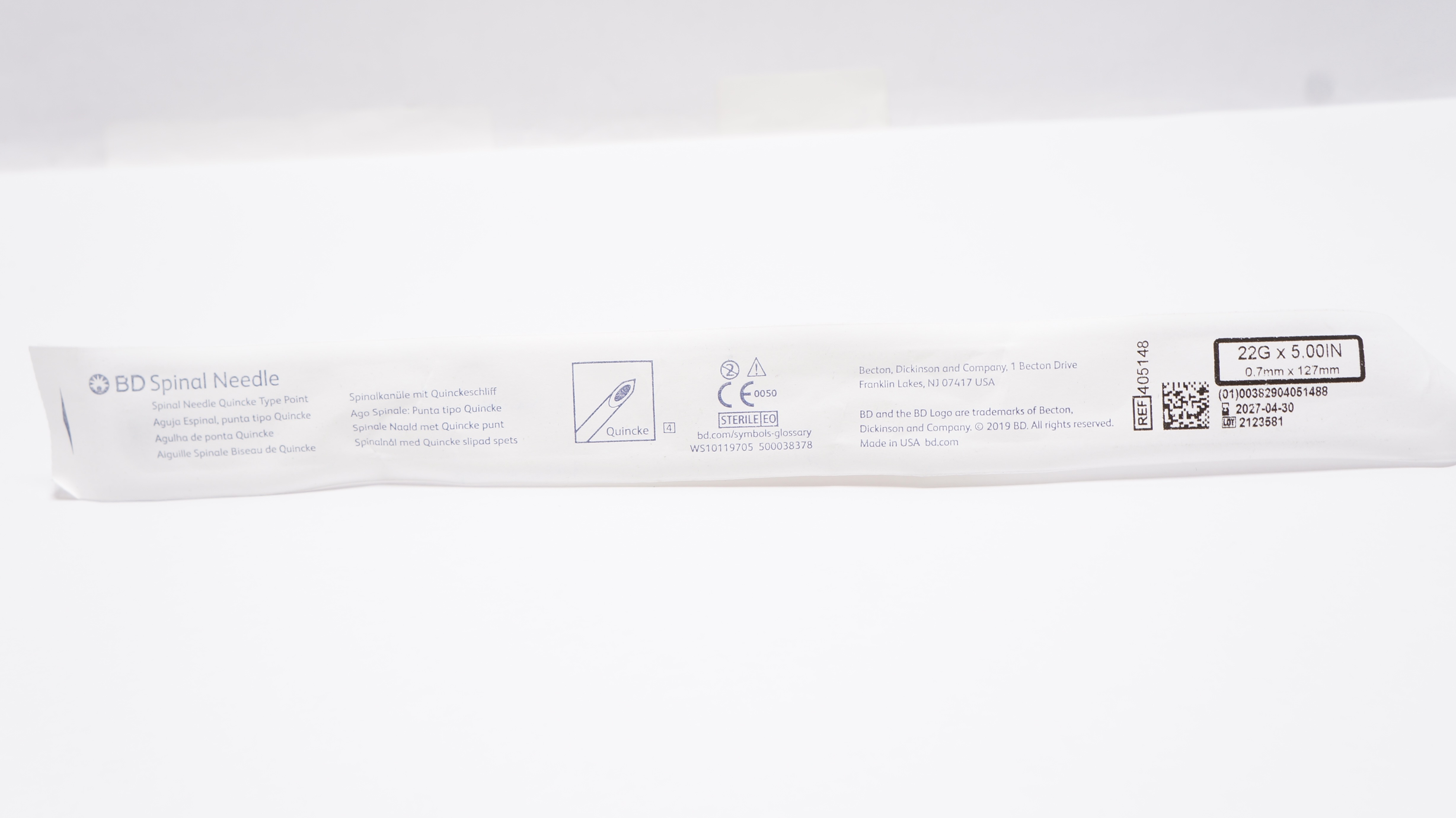 BD 405148 Spinal Ndle Quincke Type Point 22G x 5.00inch