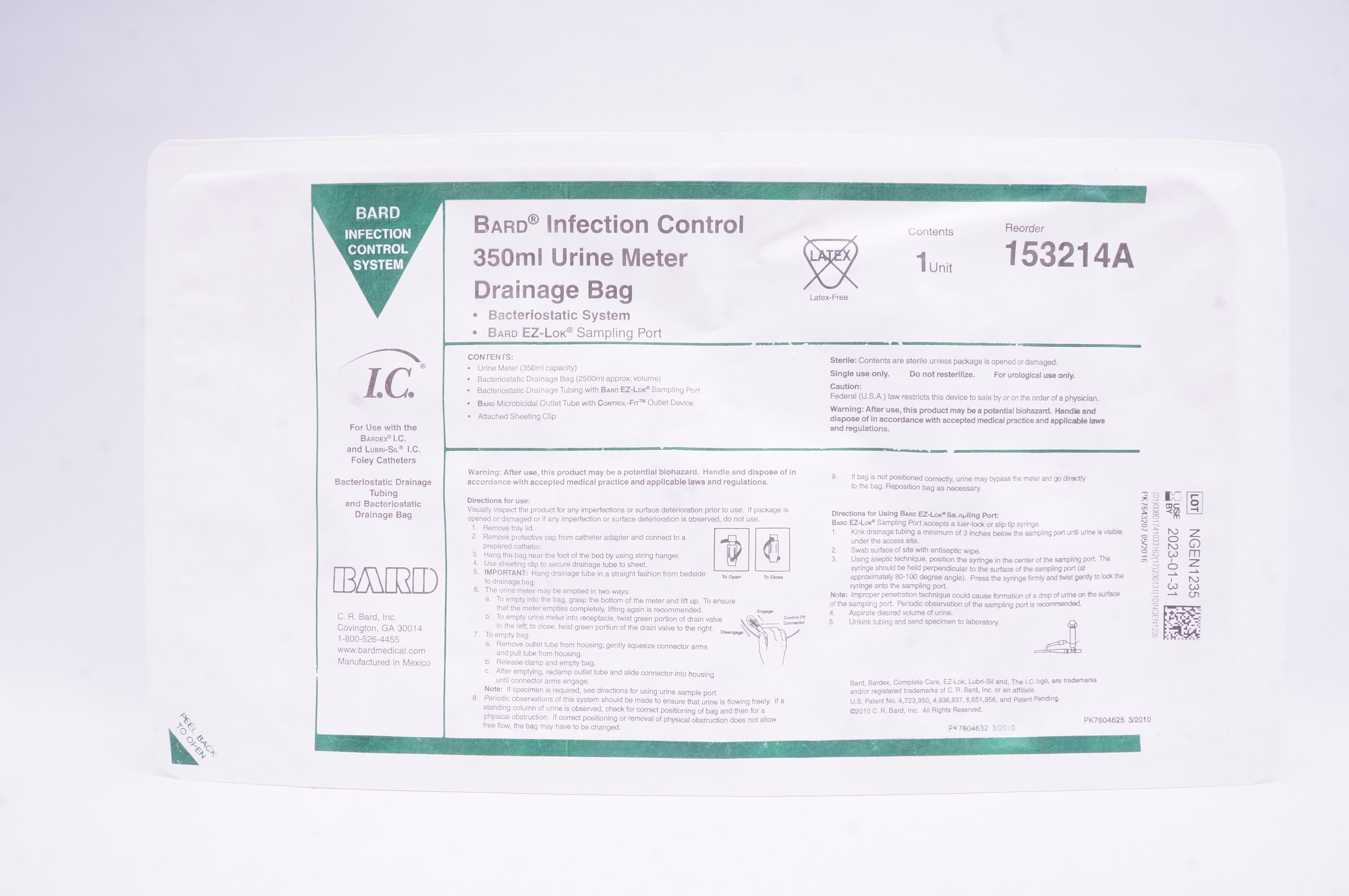 Bard 153214A Infection Control Urine Meter Drainage Bag 350 ml