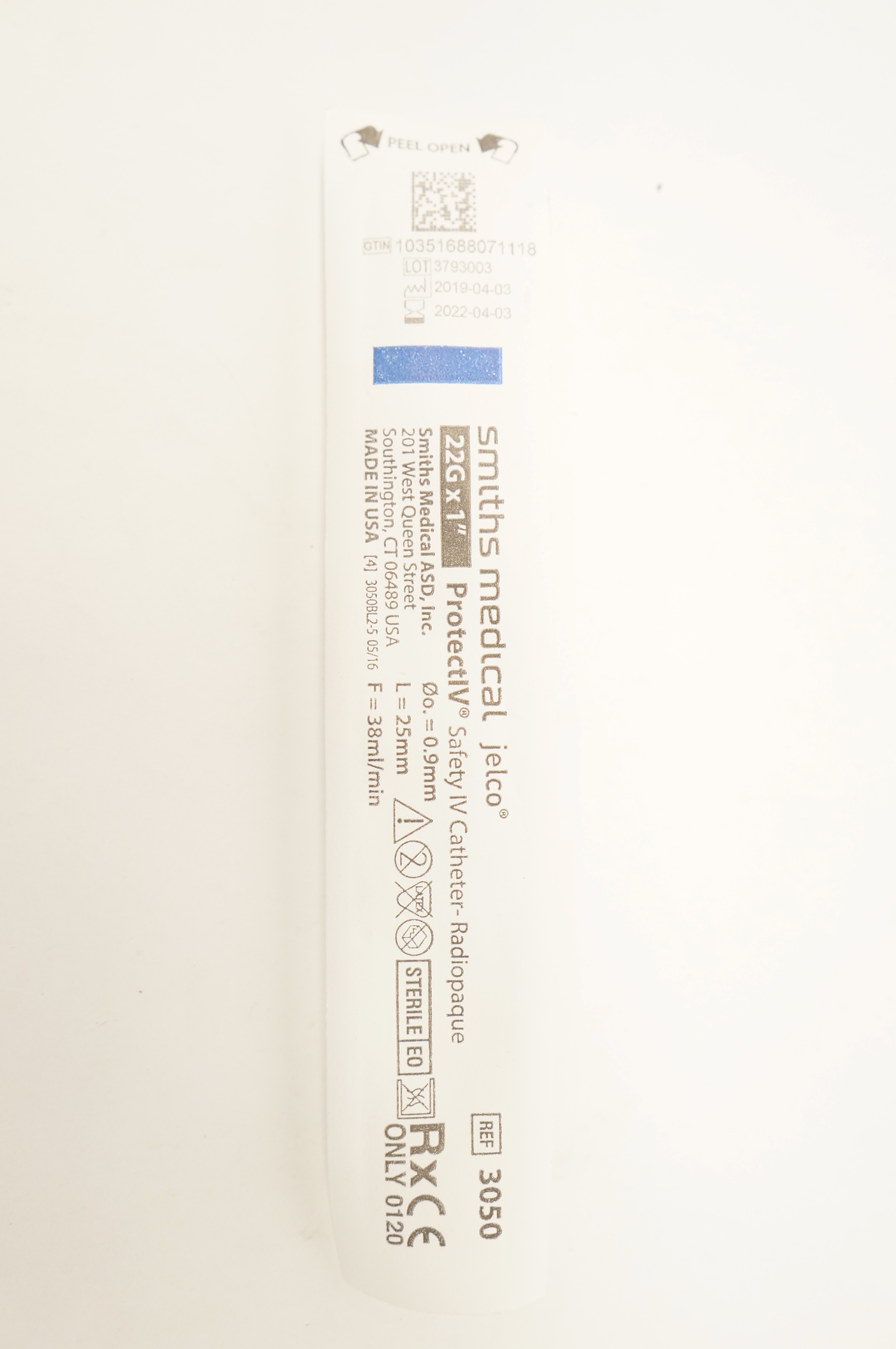 Smiths Medical 3050 JELCO ProtectIV Safety I.V. Cath. 22G x 1inch