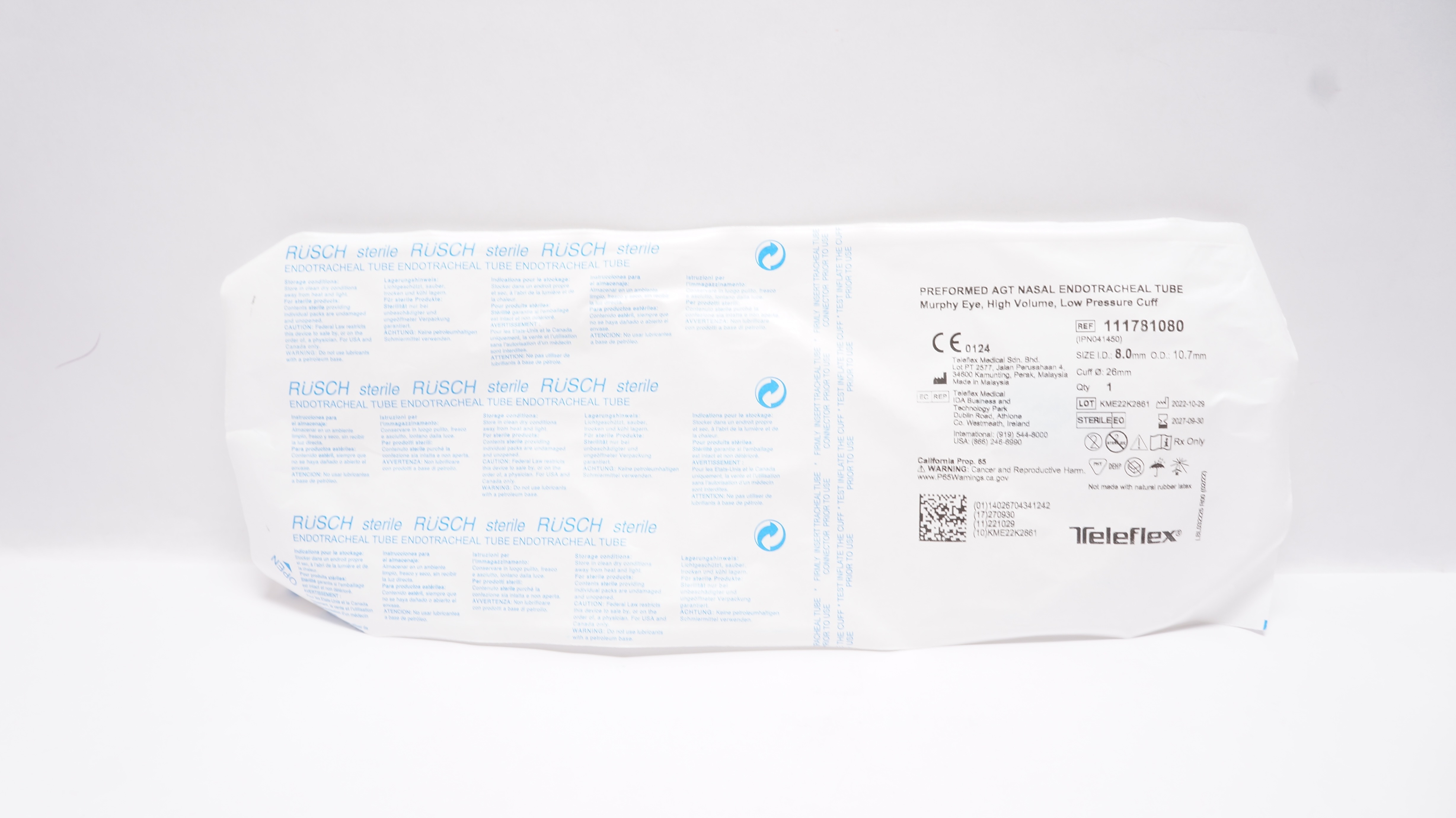 Teleflex 111781080 Preformed Agt Nasal Endotracheal Tube 8.0ID x 10.7OD x 26mm