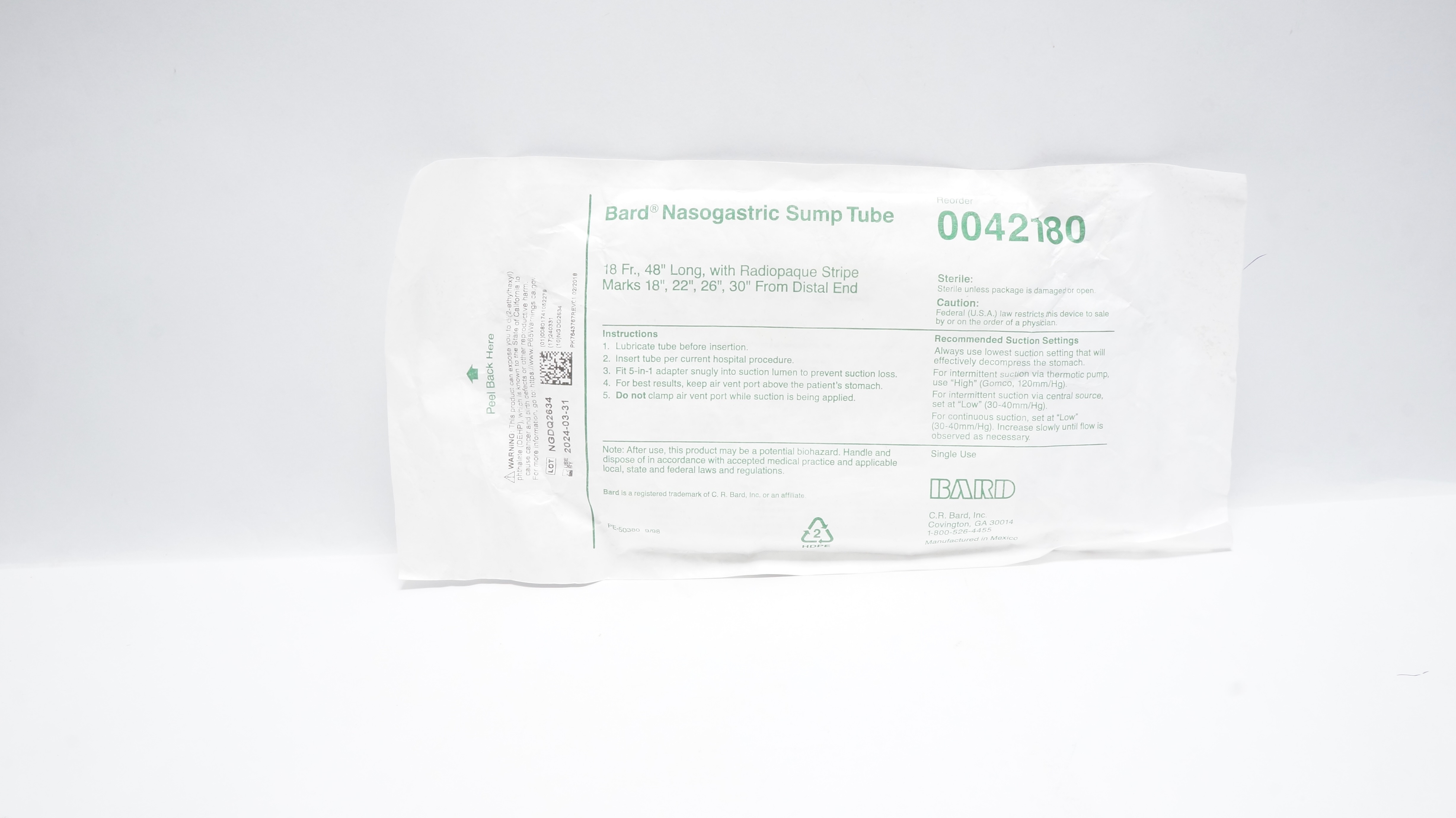 Bard 0042180 Nasogastric Sump Tube w/Radiopaque Stripe Marks 18Fr x 48inch (x)