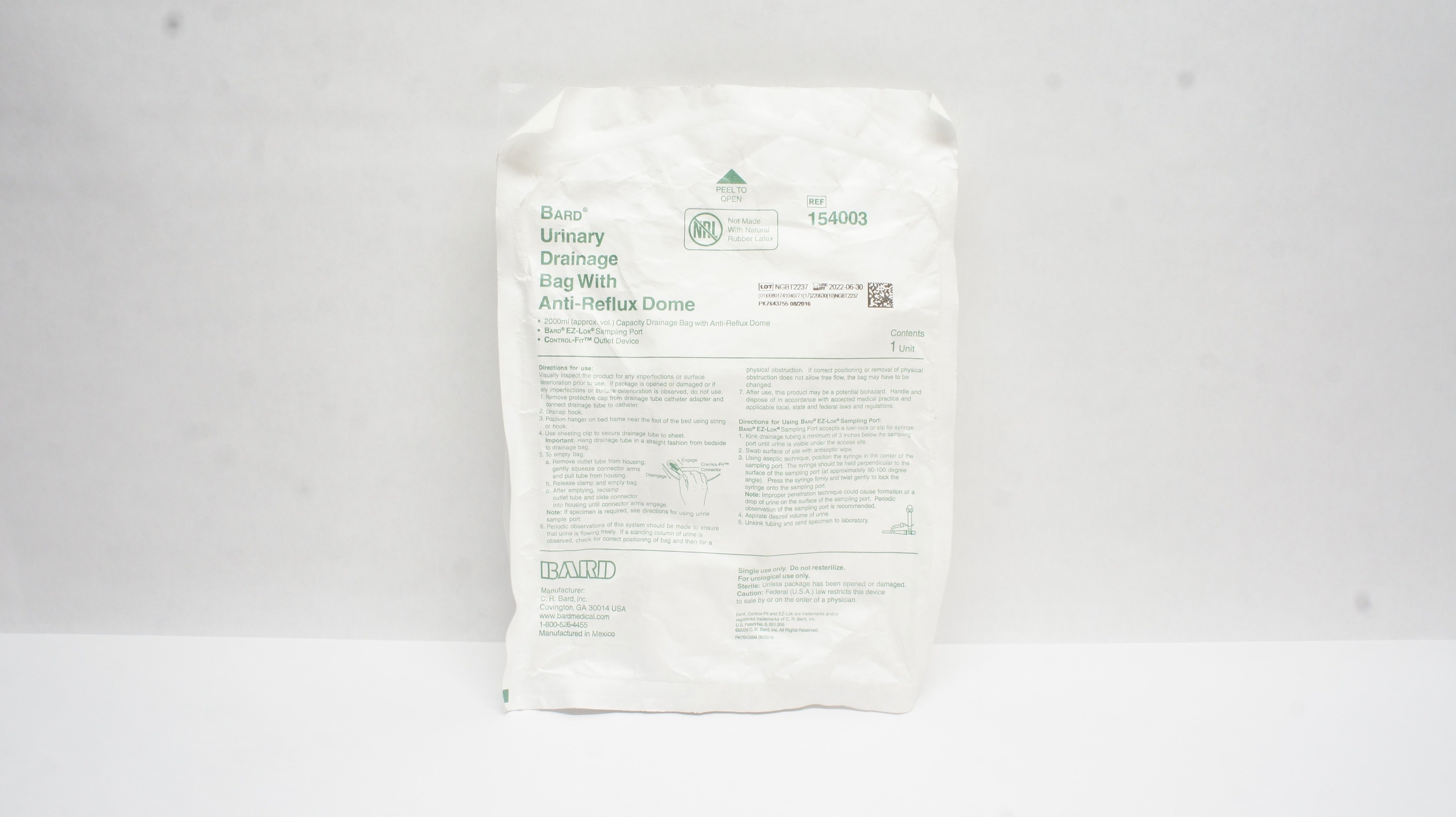 Bard 154003 Urinary Drainage Bag with Anti-Reflux Dome 2000ml (x)