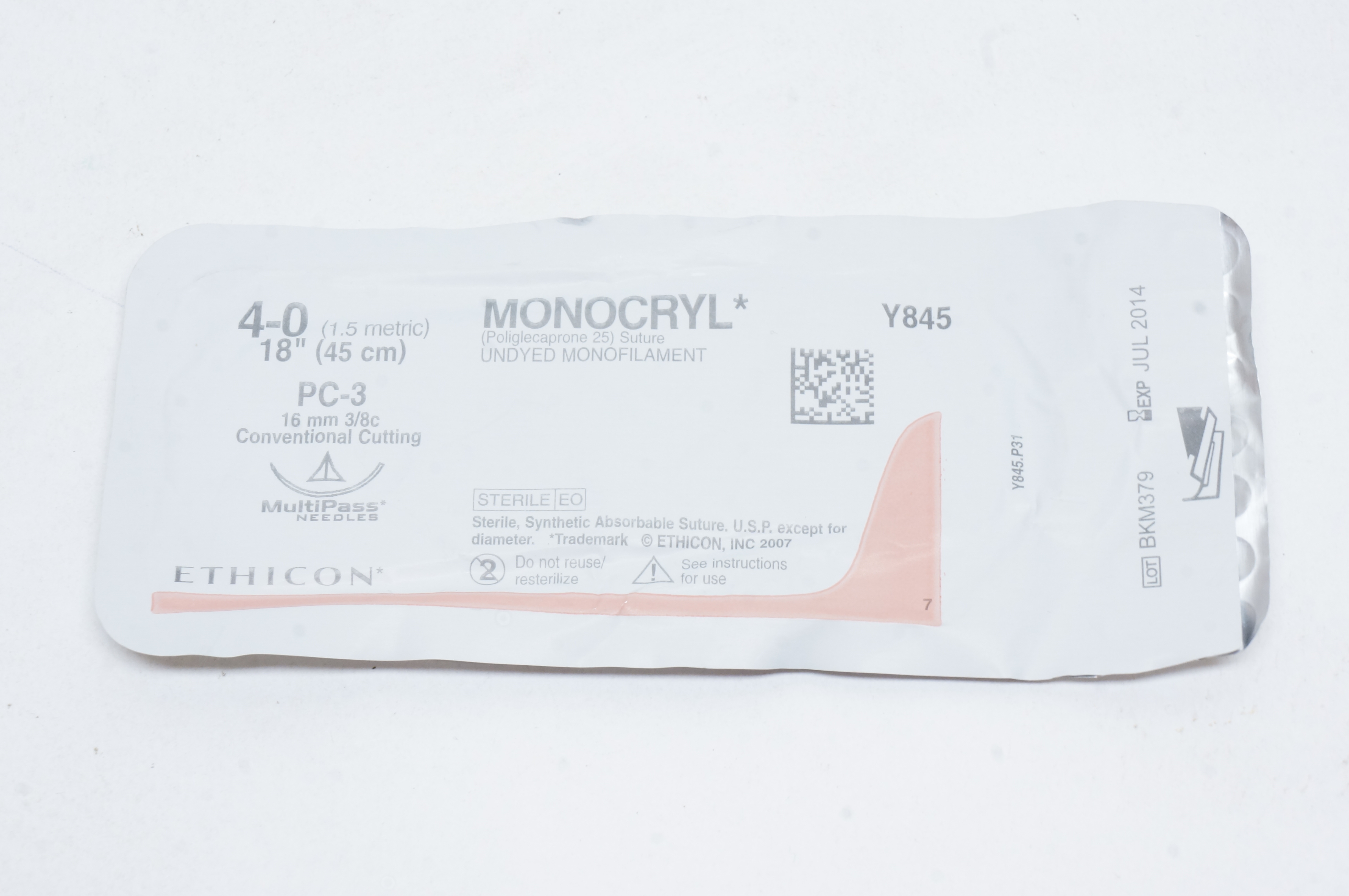 Ethicon Y845 4-0 MONOCRYL, PC-3, 16mm 3/8c Conventional Cutting, 18inch (x)