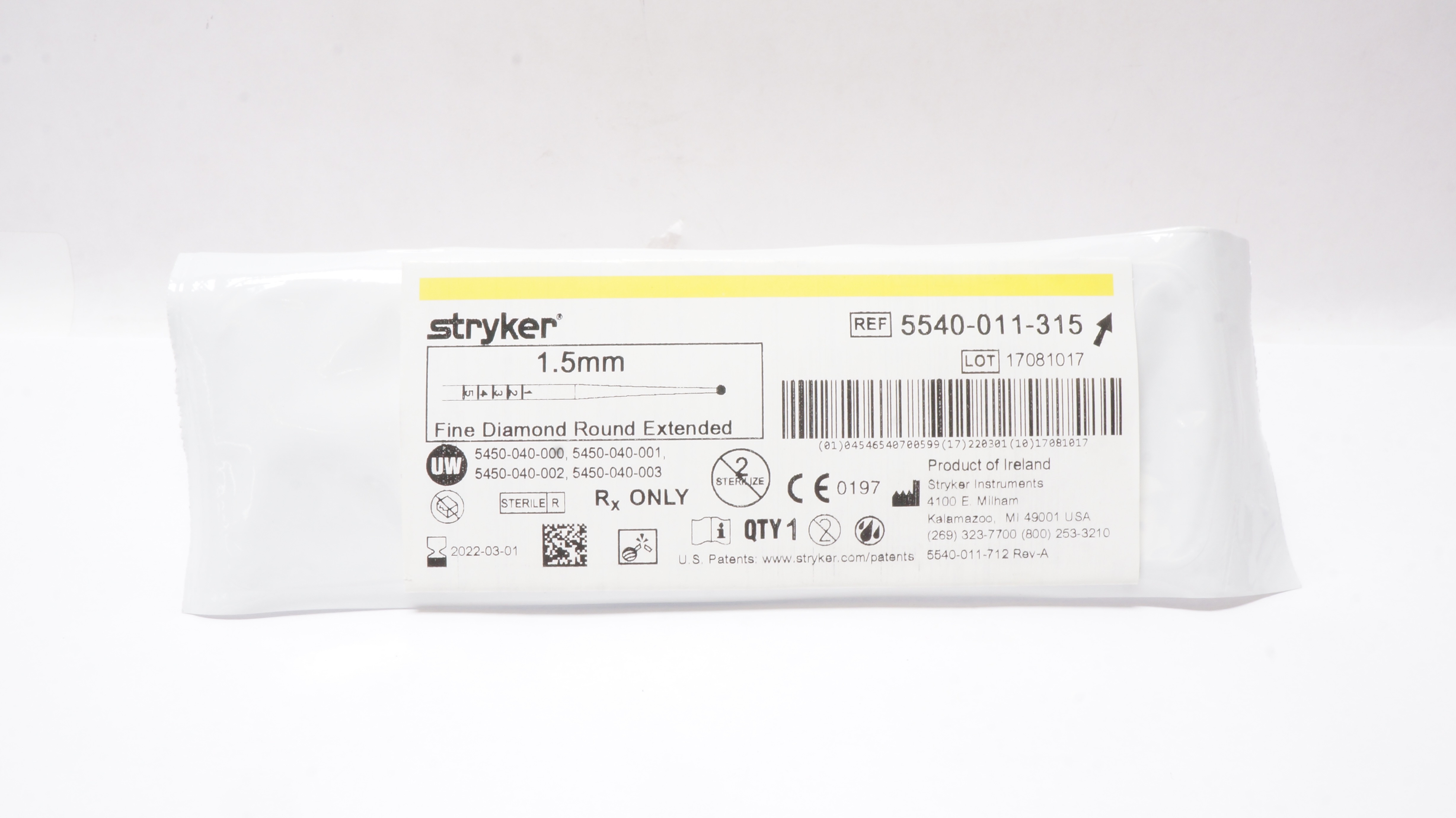 Stryker 5540-011-315 Round Fine Diamond Bur Extended 1.5mm (x)