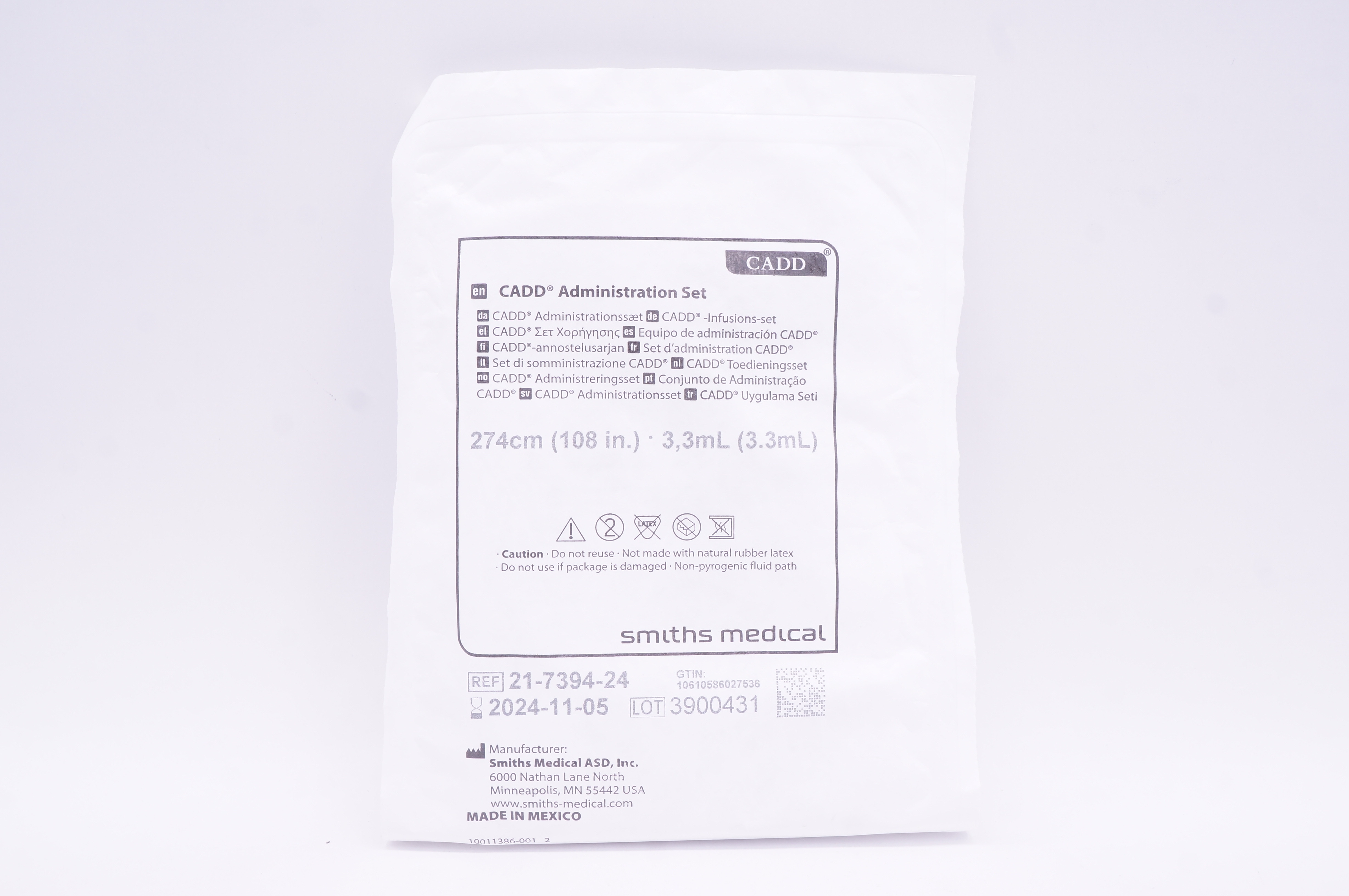 Smiths Medical 21-7394-24 CADD Administration Set 108 inch x 3.3.mL