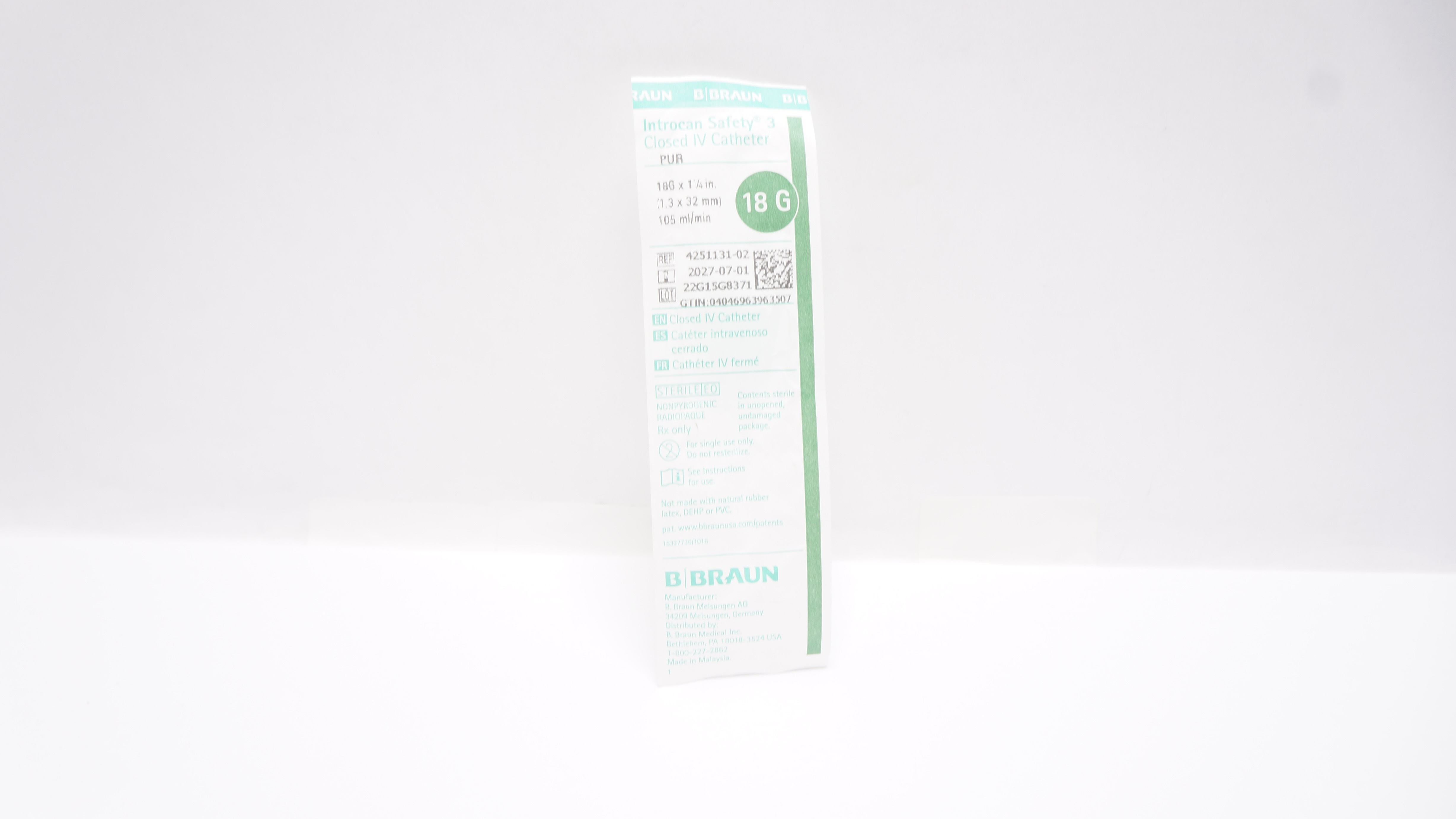 Braun 4251131-02 Introcan Safety 3 Closed IV Cath. 18G x 1-1/4inch 105ml/min