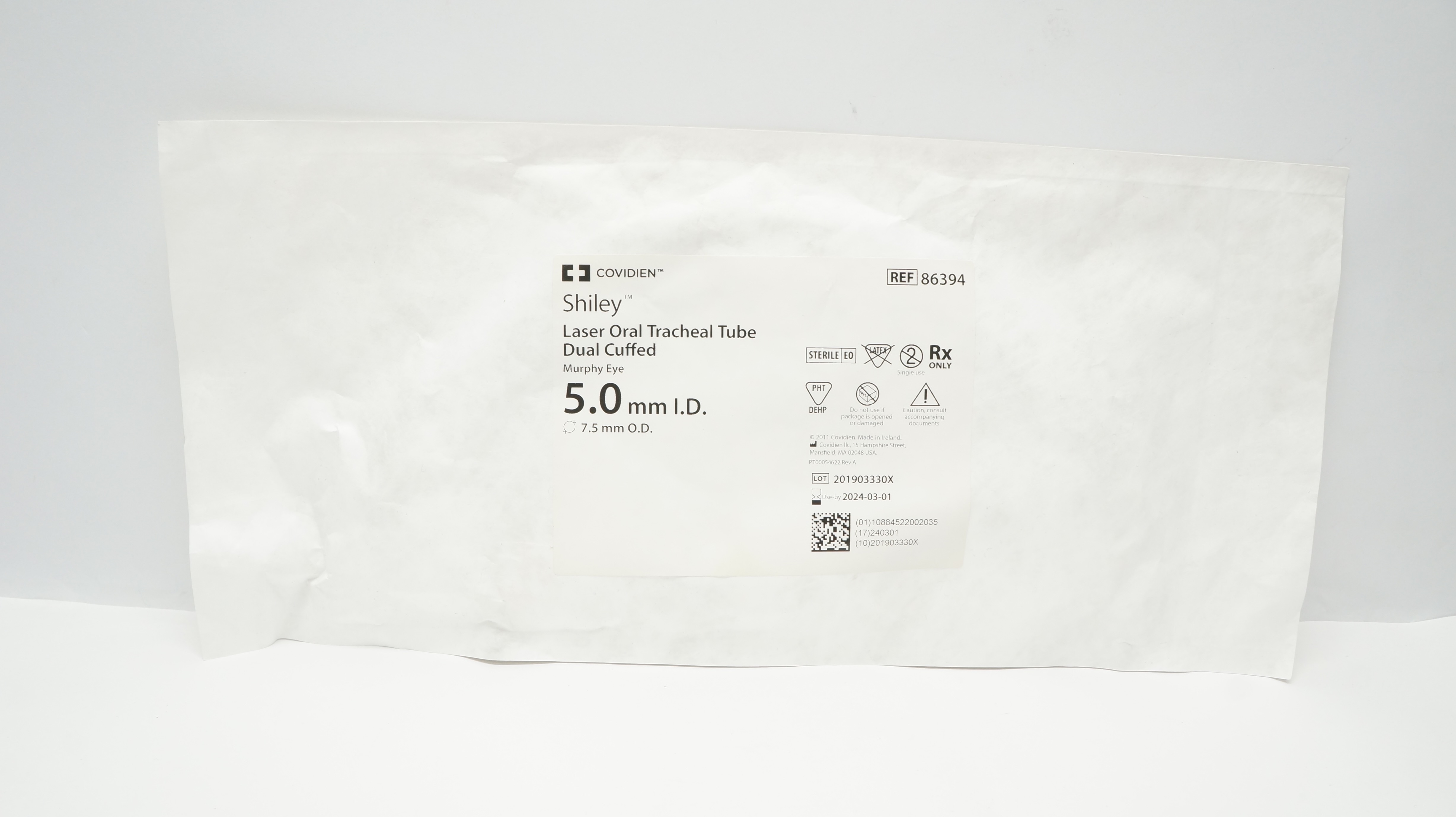 Covidien 86394 Shiley Laser Oral Tracheal Tube Dual Cuffed 5.0mm ID, 7.5mm OD(x)