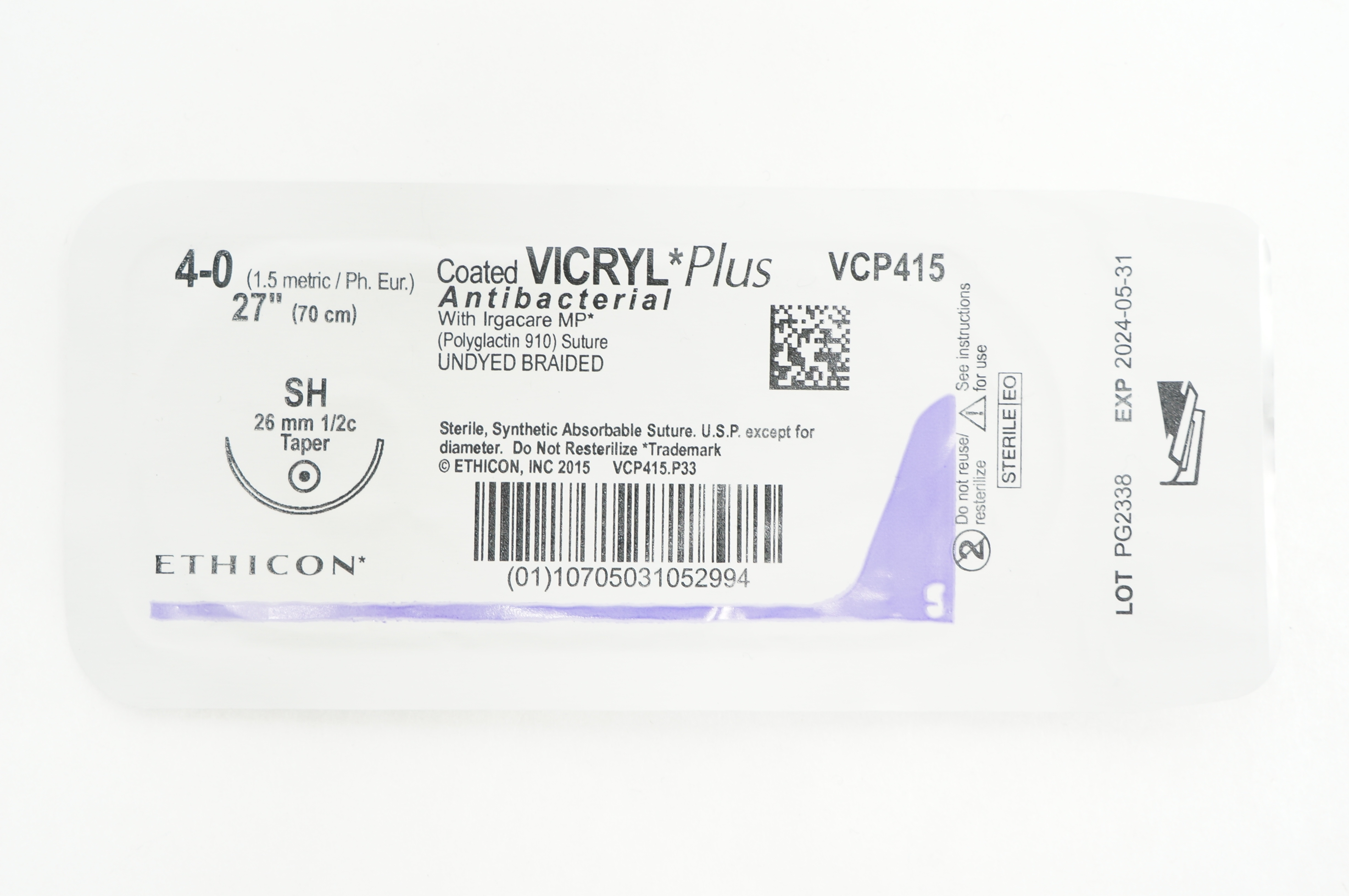 Ethicon VCP415 4-0 Vicryl Antibacterial Stre. Undyed Braided Taper, 27inch