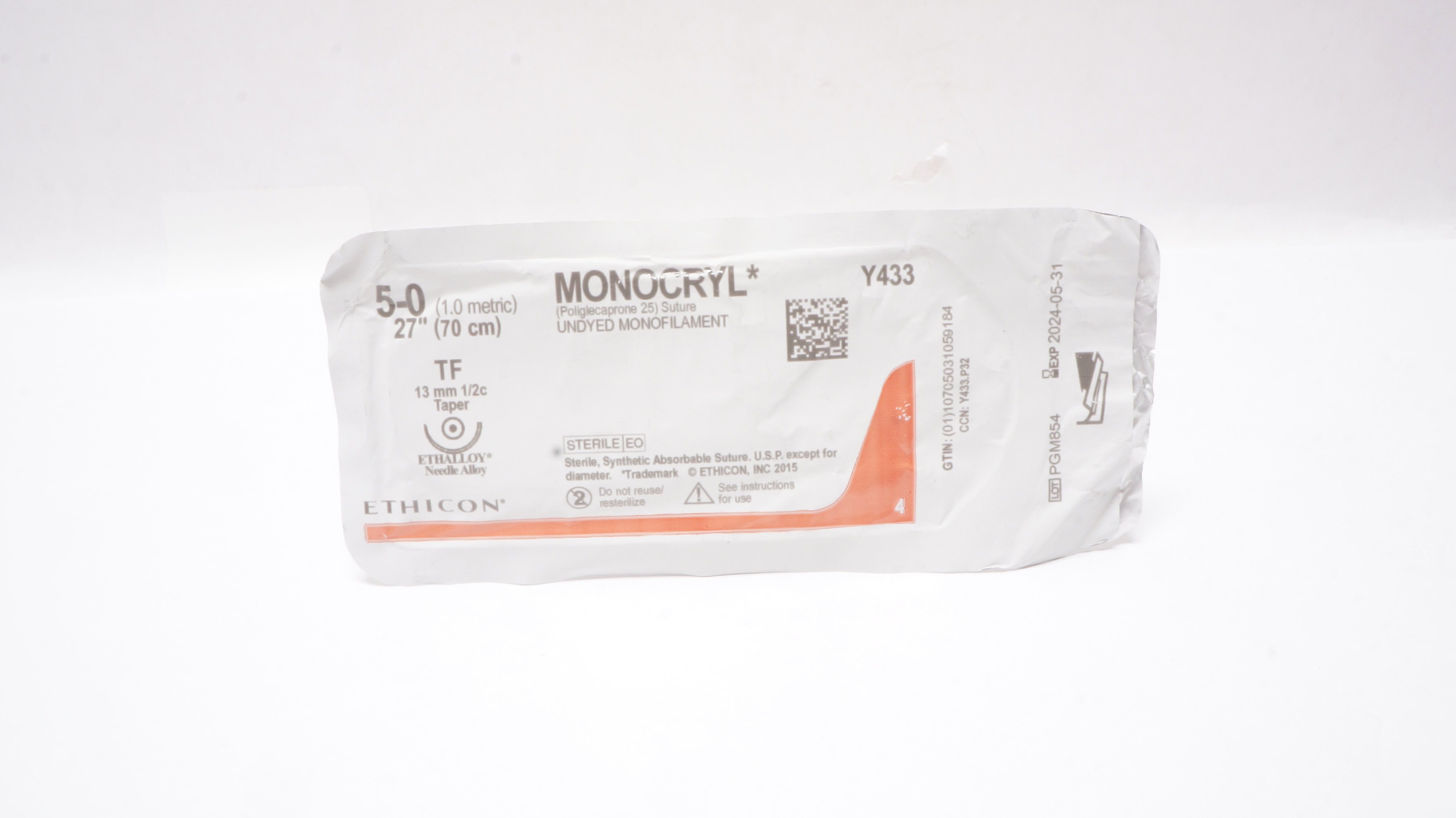 Ethicon Y433 5-0 MONOCRYL Undyed Monofilament, TF, 13mm 1/2c Taper, 27inch